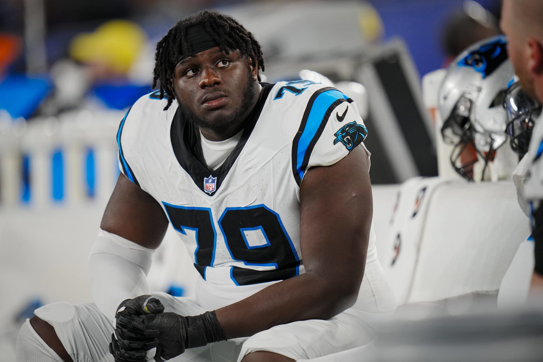 Carolina Panthers offensive tackle Ikem Ekwonu (79) watches the scoreboard during an NFL pre-season football game against the New York Giants on Friday, Aug. 18, 2023, in East Rutherford, N.J. (AP Photo/Rusty Jones)