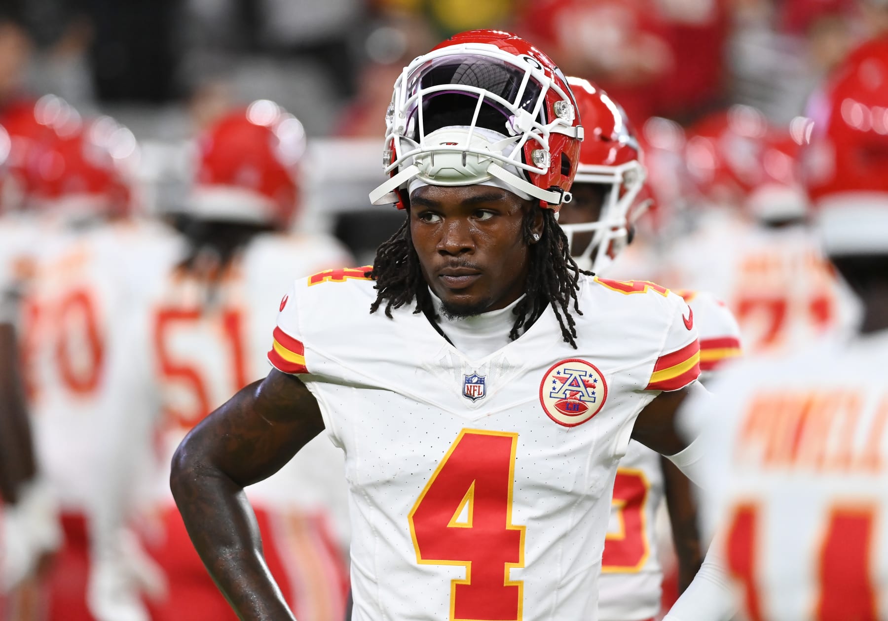 GLENDALE, ARIZONA - AUGUST 19: Rashee Rice #4 of the Kansas City Chiefs prepares for a preseason game against the Arizona Cardinals at State Farm Stadium on August 19, 2023 in Glendale, Arizona. (Photo by Norm Hall/Getty Images)