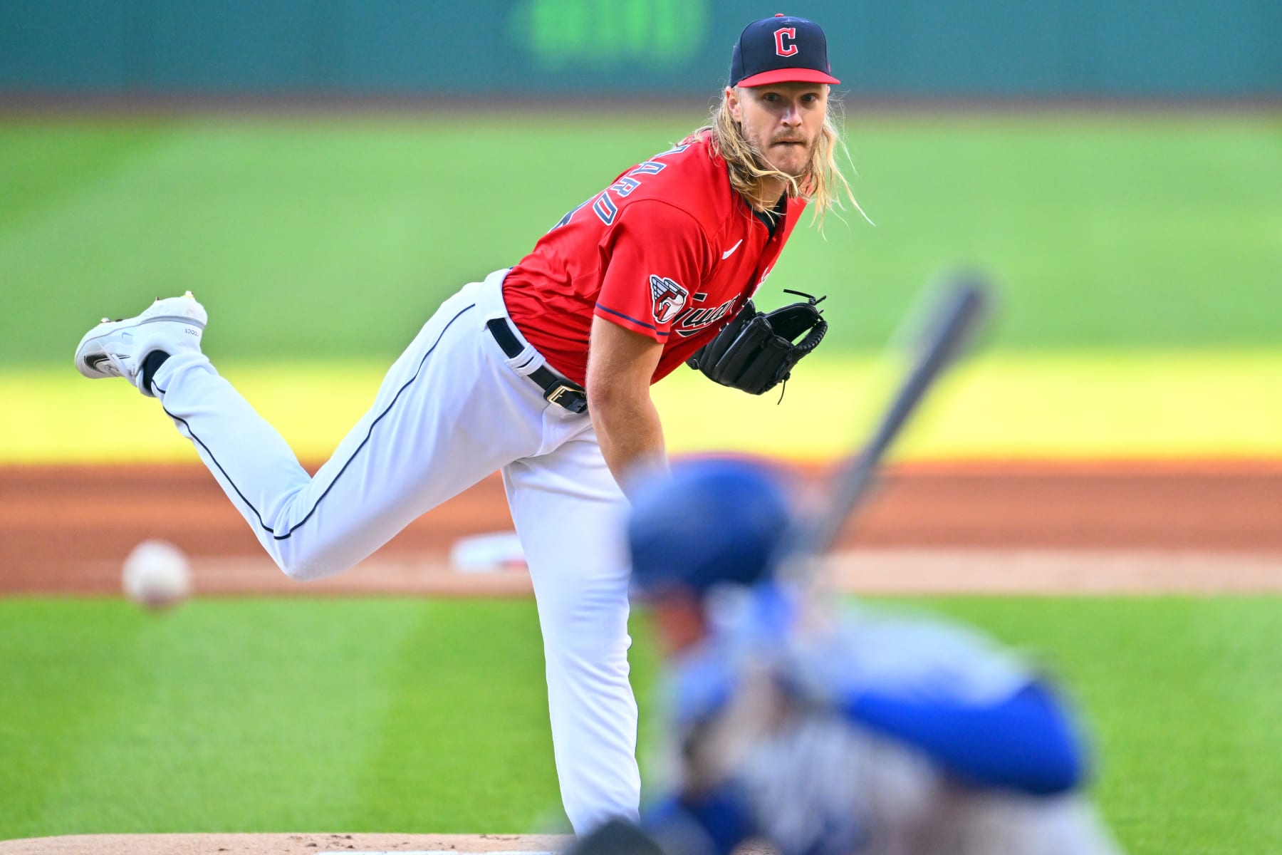CLEVELAND, OHIO - AUGUST 22: Starting pitcher Noah Syndergaard #34 of the Cleveland Guardians pitches during the first inning against the Los Angeles Dodgers at Progressive Field on August 22, 2023 in Cleveland, Ohio. (Photo by Jason Miller/Getty Images)