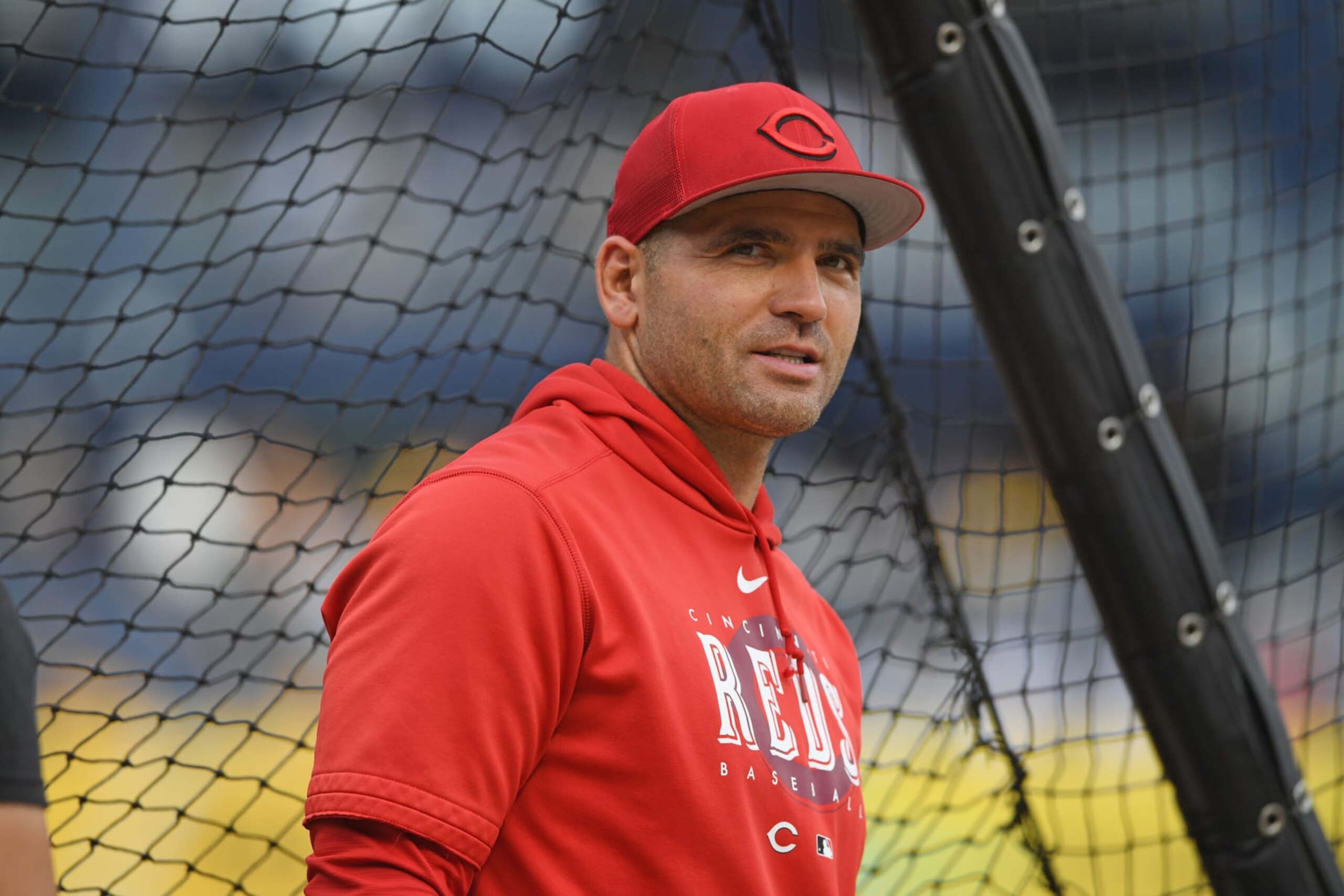 PITTSBURGH, PENNSYLVANIA - AUGUST 11, 2023: Joey Votto #19 of the Cincinnati Reds looks on prior to a game against the Pittsburgh Pirates at PNC Park on August 11, 2023 in Pittsburgh, Pennsylvania. (Photo by George Kubas/Diamond Images via Getty Images)