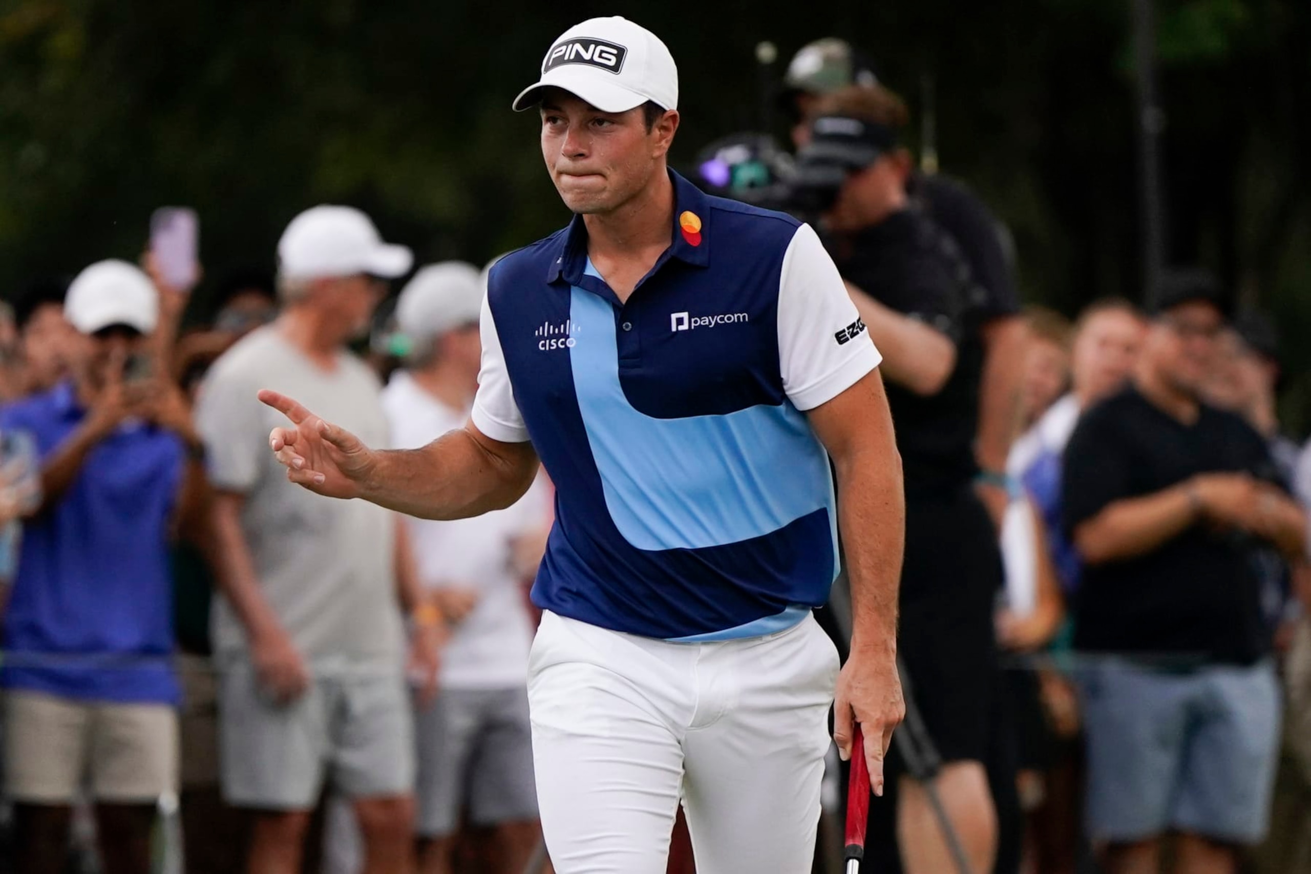 Viktor Hovland, of Norway, reacts to his putt on the first green during the third round of the Tour Championship golf tournament, Sunday, Aug. 27, 2023, in Atlanta. (AP Photo/Mike Stewart) Viktor Hovland, of Norway, reacts to his putt on the first green during the third round of the Tour Championship golf tournament, Sunday, Aug. 27, 2023, in Atlanta. (AP Photo/Mike Stewart)