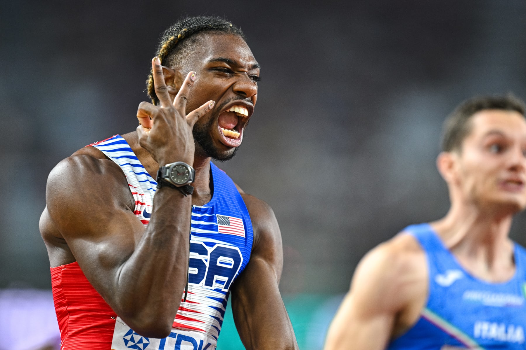 BUDAPEST, HUNGARY - AUGUST 26: Noah Lyles of United States celebrating first place competing in 4x100m Relay Men during Day 8 of the World Athletics Championships Budapest 2023 at the National Athletics Centre on August 26, 2023 in Budapest, Hungary. (Photo by Andy Astfalck/BSR Agency/Getty Images)