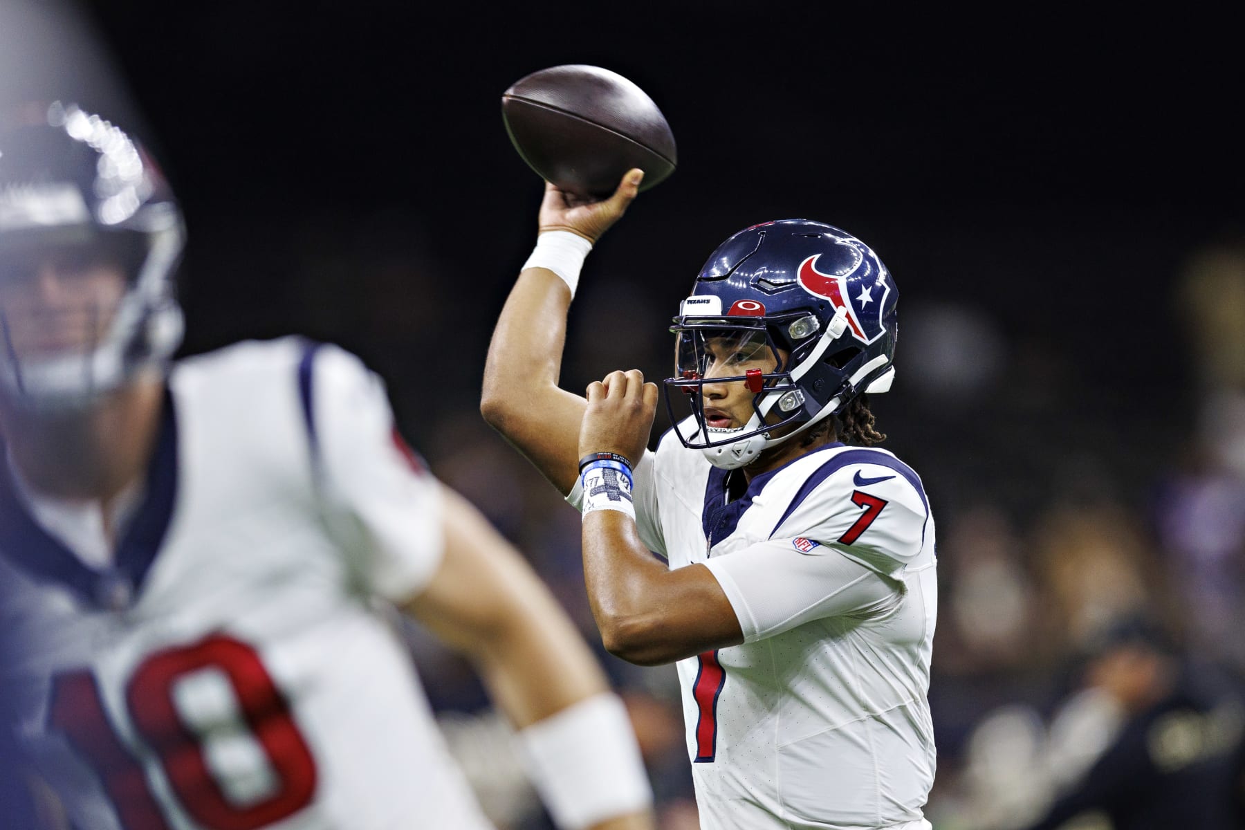 NEW ORLEANS, LOUISIANA - AUGUST 27: C.J. Stroud #7 of the Houston Texans warms up before the preseason game against the New Orleans Saints at Caesars Superdome on August 27, 2023 in New Orleans, Louisiana. (Photo by Wesley Hitt/Getty Images)