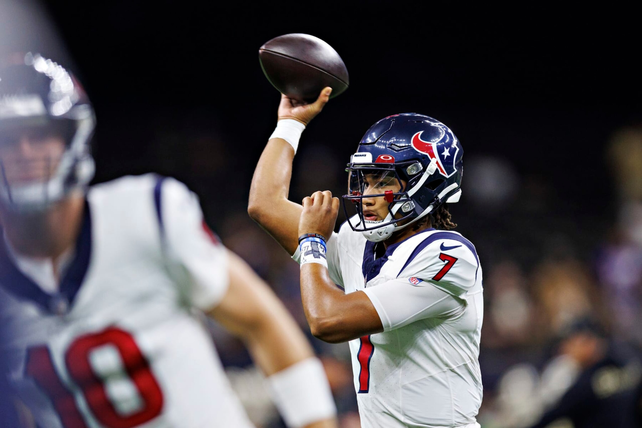 NEW ORLEANS, LOUISIANA - AUGUST 27: C.J. Stroud #7 of the Houston Texans warms up before the preseason game against the New Orleans Saints at Caesars Superdome on August 27, 2023 in New Orleans, Louisiana. (Photo by Wesley Hitt/Getty Images)