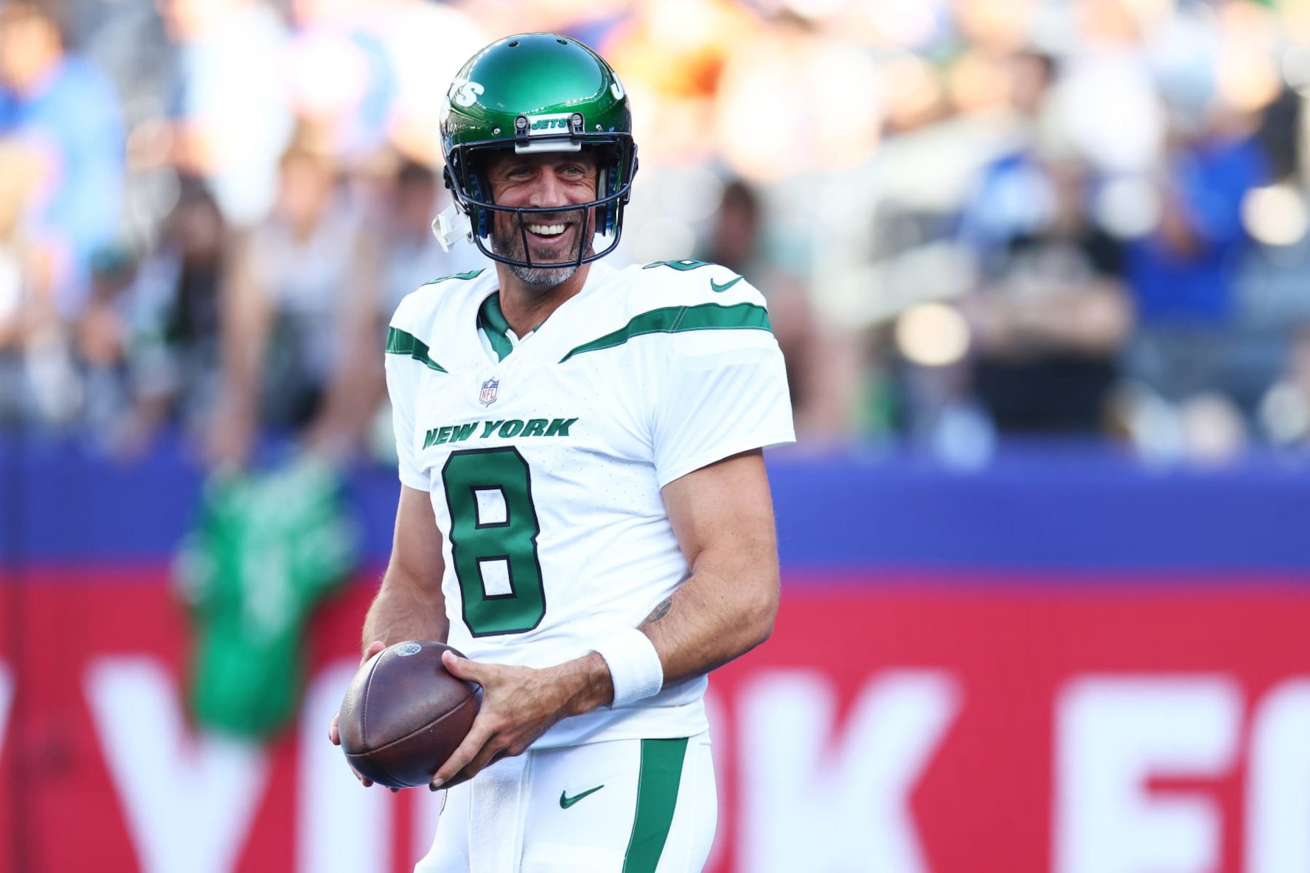 EAST RUTHERFORD, NEW JERSEY - AUGUST 26: Aaron Rodgers #8 of the New York Jets warms up prior to the game against the New York Giants at MetLife Stadium on August 26, 2023 in East Rutherford, New Jersey. (Photo by Mike Stobe/Getty Images)