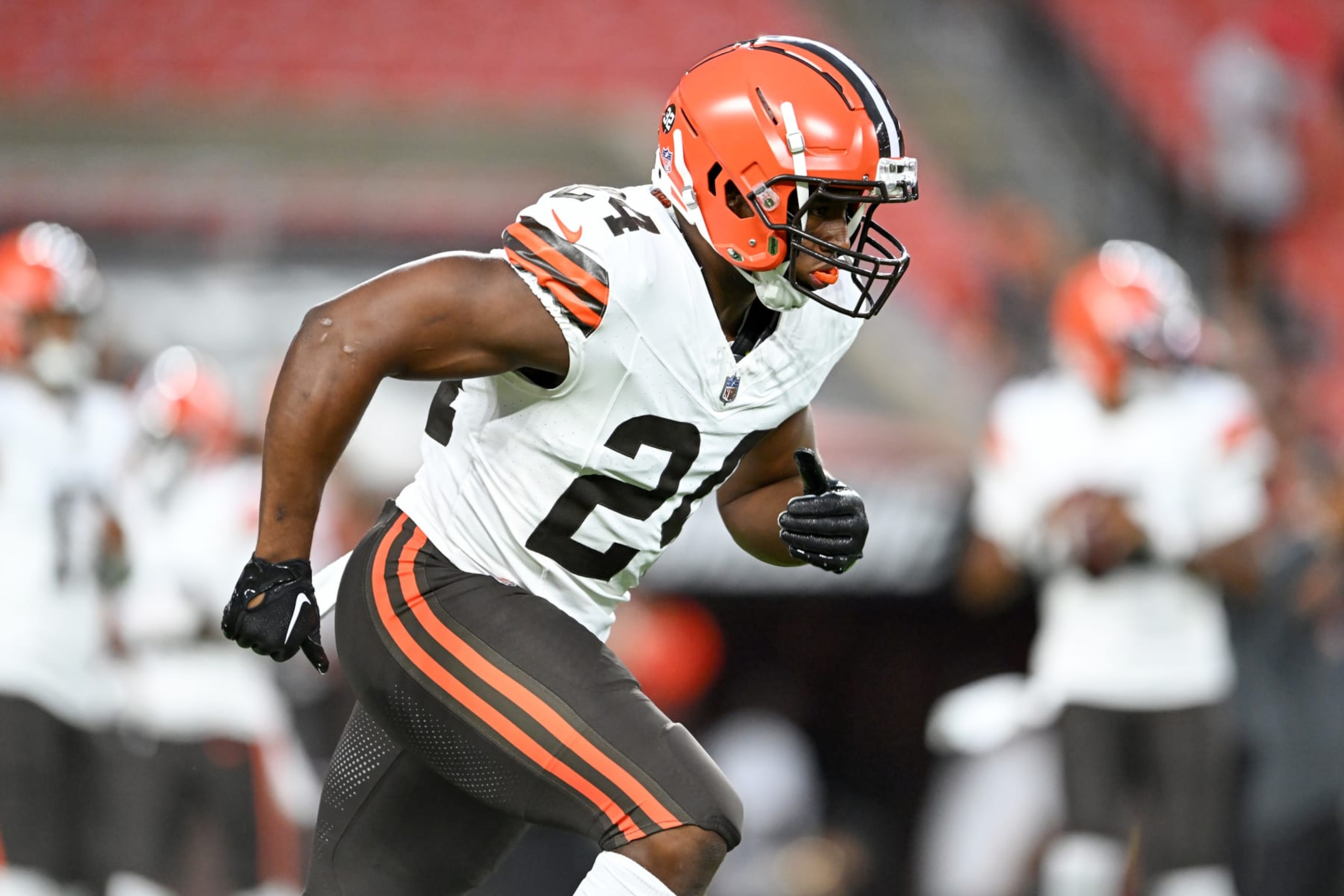 CLEVELAND, OHIO - AUGUST 11: Nick Chubb #24 of the Cleveland Browns warms up prior to a preseason game against the Washington Commanders at Cleveland Browns Stadium on August 11, 2023 in Cleveland, Ohio. (Photo by Nick Cammett/Getty Images)