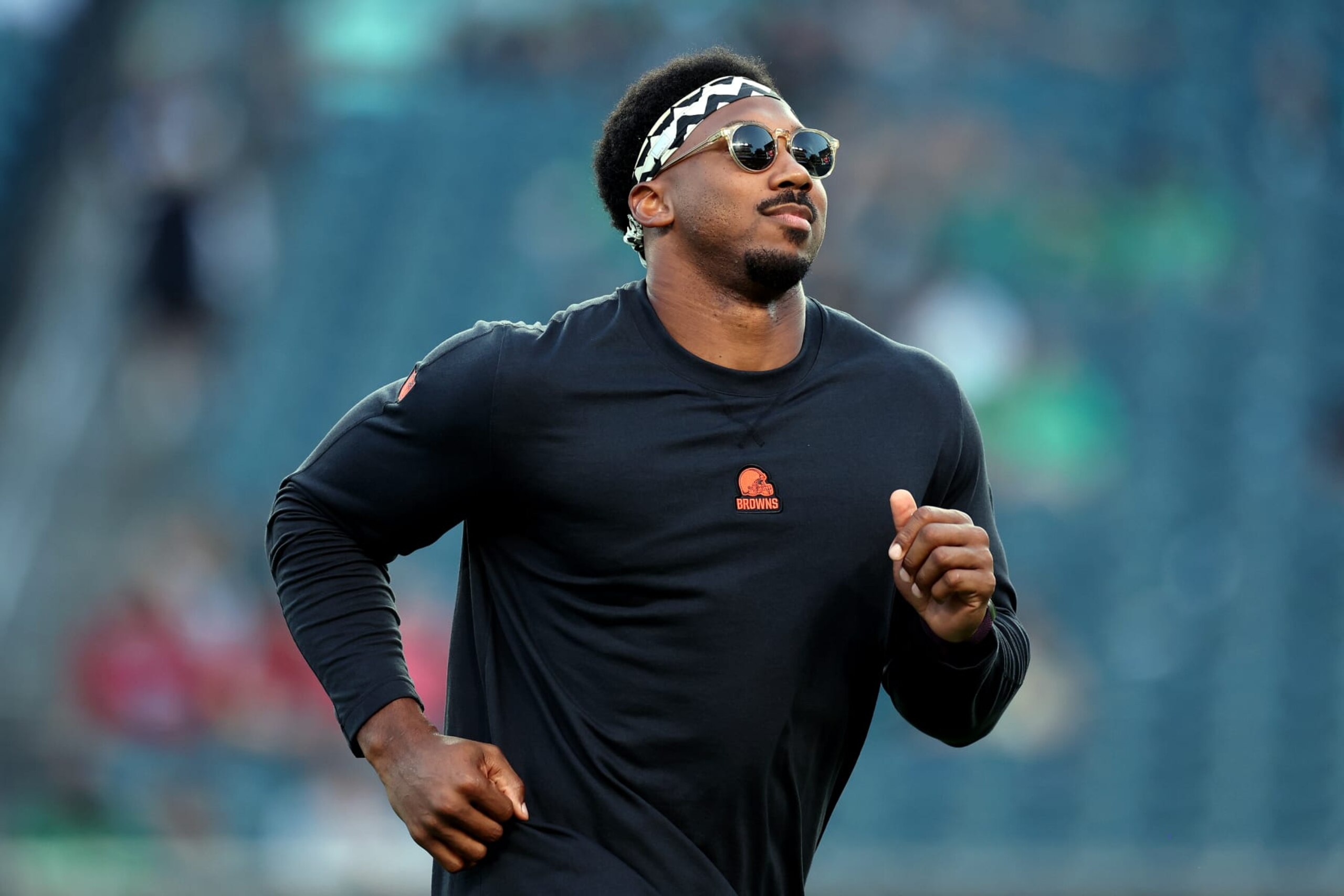 PHILADELPHIA, PENNSYLVANIA - AUGUST 17: Myles Garrett #95 of the Cleveland Browns looks on before a preseason game against the Philadelphia Eagles at Lincoln Financial Field on August 17, 2023 in Philadelphia, Pennsylvania. (Photo by Tim Nwachukwu/Getty Images)