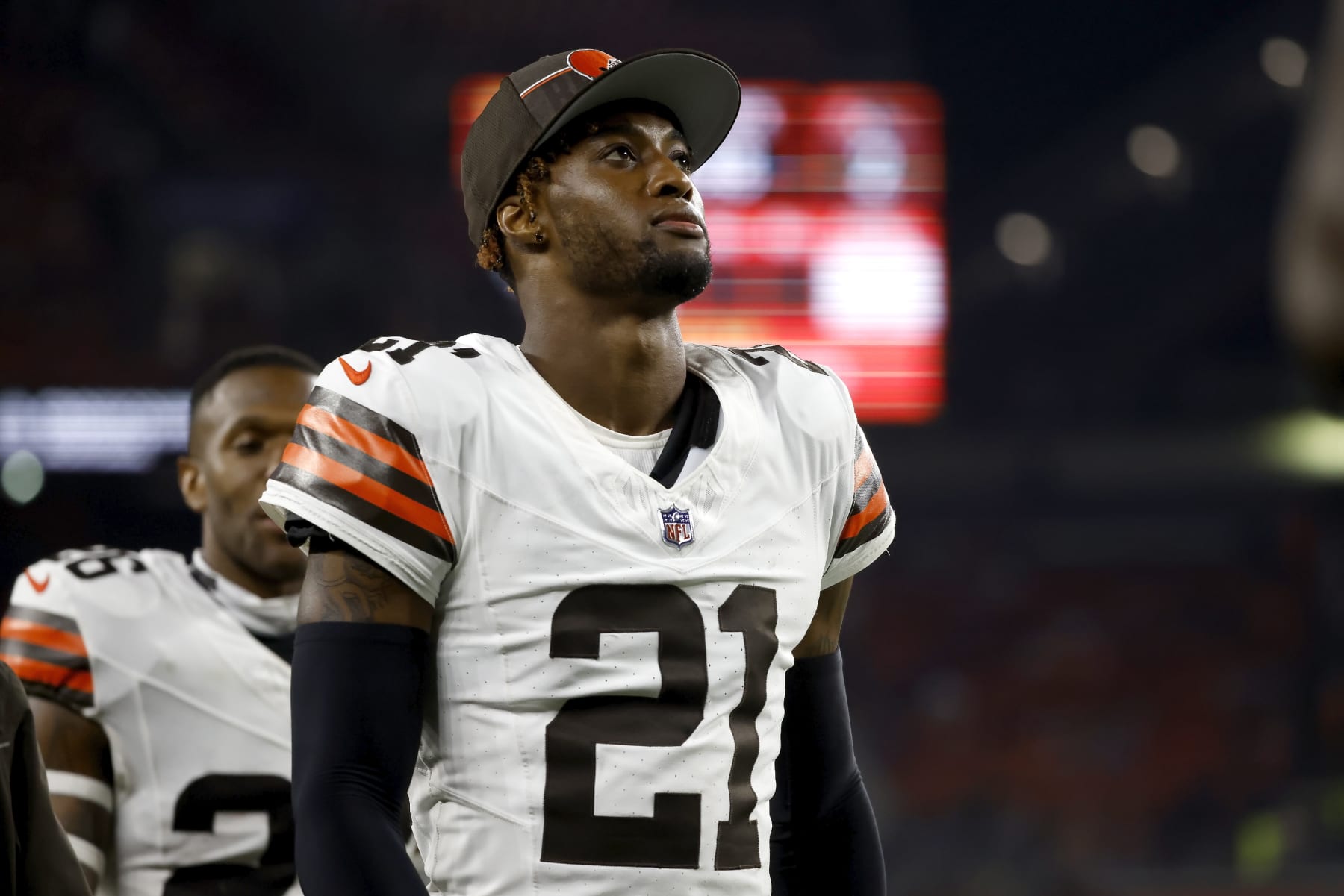 Cleveland Browns cornerback Denzel Ward (21) walks off of the field at halftime during an NFL pre-season football game against the Washington Commanders, Friday, Aug. 11, 2023, in Cleveland. (AP Photo/Kirk Irwin)