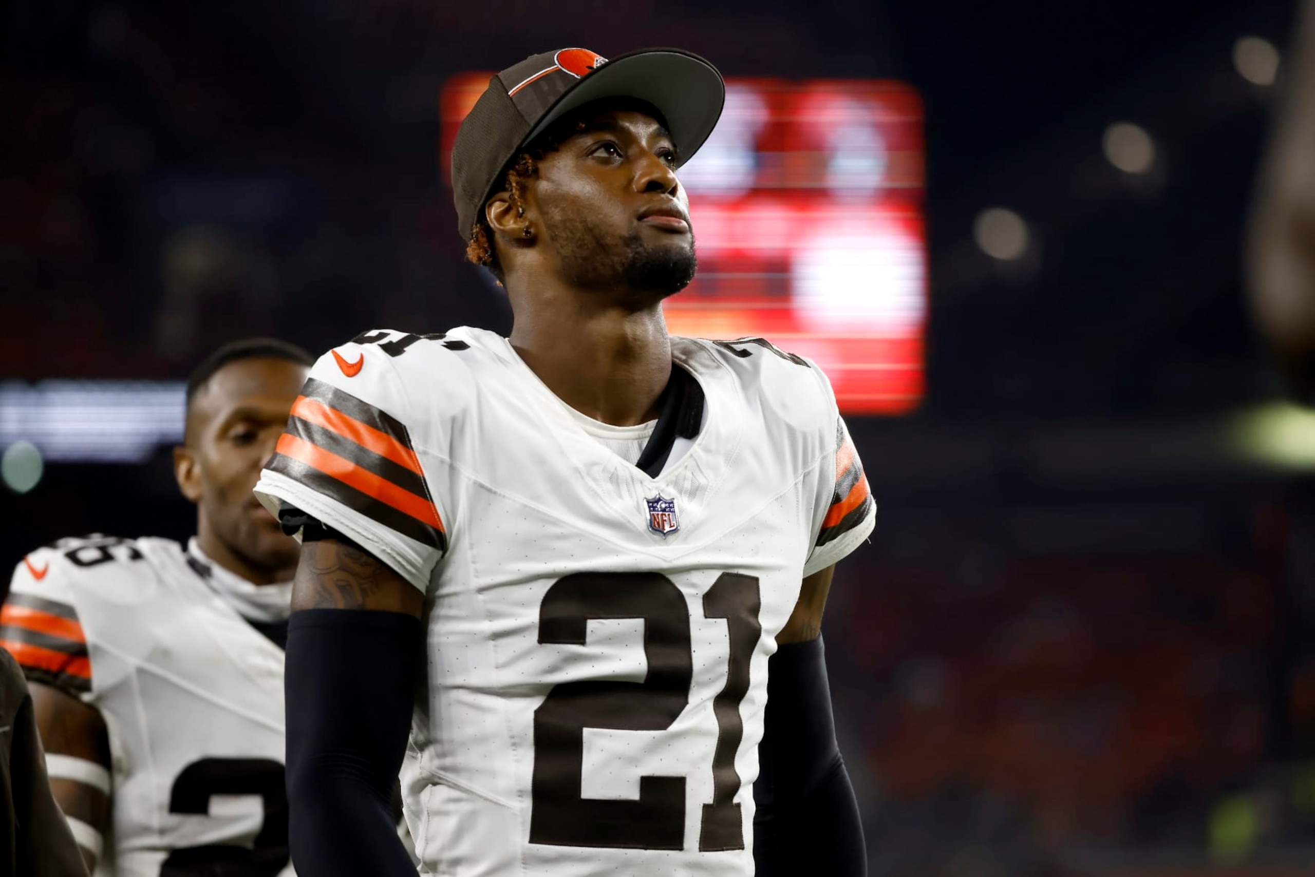 Cleveland Browns cornerback Denzel Ward (21) walks off of the field at halftime during an NFL pre-season football game against the Washington Commanders, Friday, Aug. 11, 2023, in Cleveland. (AP Photo/Kirk Irwin)