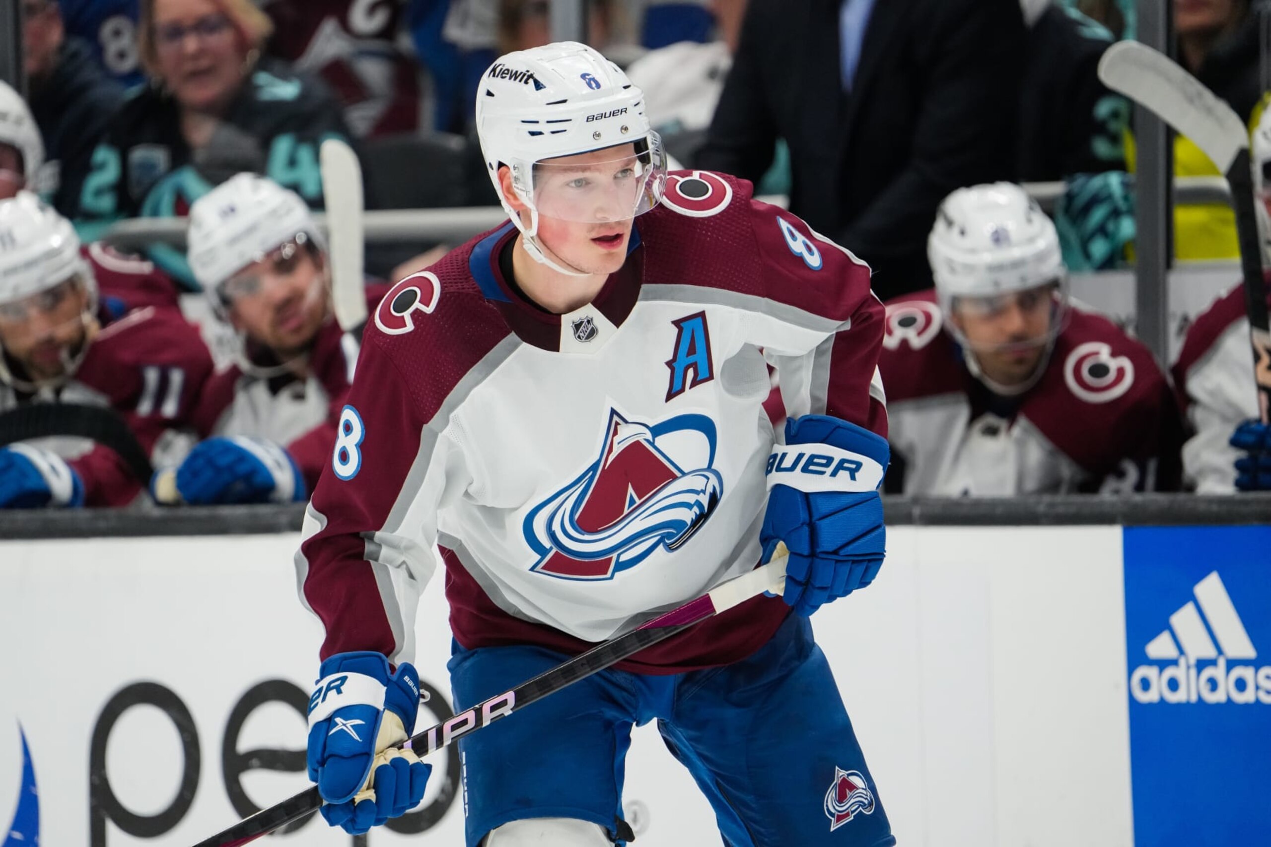 SEATTLE, WASHINGTON - APRIL 24: Cale Makar #8 of the Colorado Avalanche skates during the second period against the Seattle Kraken in Game Four of the First Round of the 2023 Stanley Cup Playoffs at Climate Pledge Arena on April 24, 2023 in Seattle, Washington. (Photo by Christopher Mast/NHLI via Getty Images)