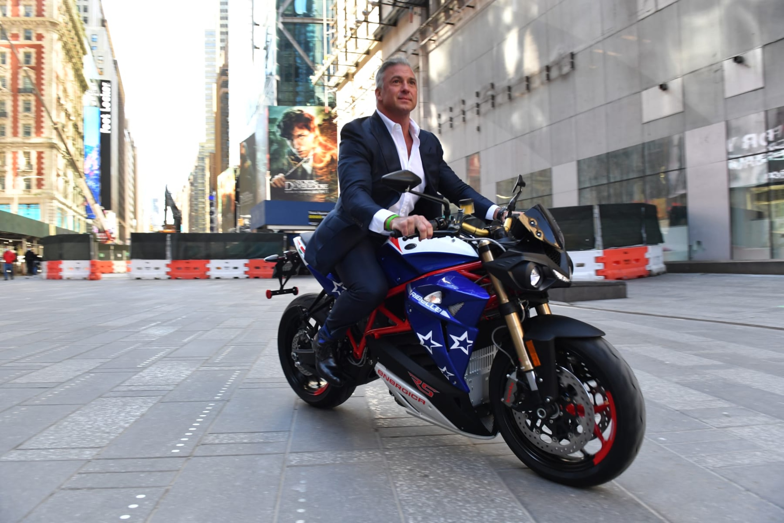 NEW YORK, NEW YORK - APRIL 11: Shane McMahon, Executive Chairman, Ideanomics rides the Energica bike as he participates in the Ideanomics (NASDAQ: IDEX) and Energica Motor Company: "Evolving the Road Ahead" Analyst Day at NASDAQ NYC on April 11, 2022 in New York City. (Photo by Noam Galai/Getty Images for Ideanomics) NEW YORK, NEW YORK - APRIL 11: Shane McMahon, Executive Chairman, Ideanomics rides the Energica bike as he participates in the Ideanomics (NASDAQ: IDEX) and Energica Motor Company: "Evolving the Road Ahead" Analyst Day at NASDAQ NYC on April 11, 2022 in New York City. (Photo by Noam Galai/Getty Images for Ideanomics)