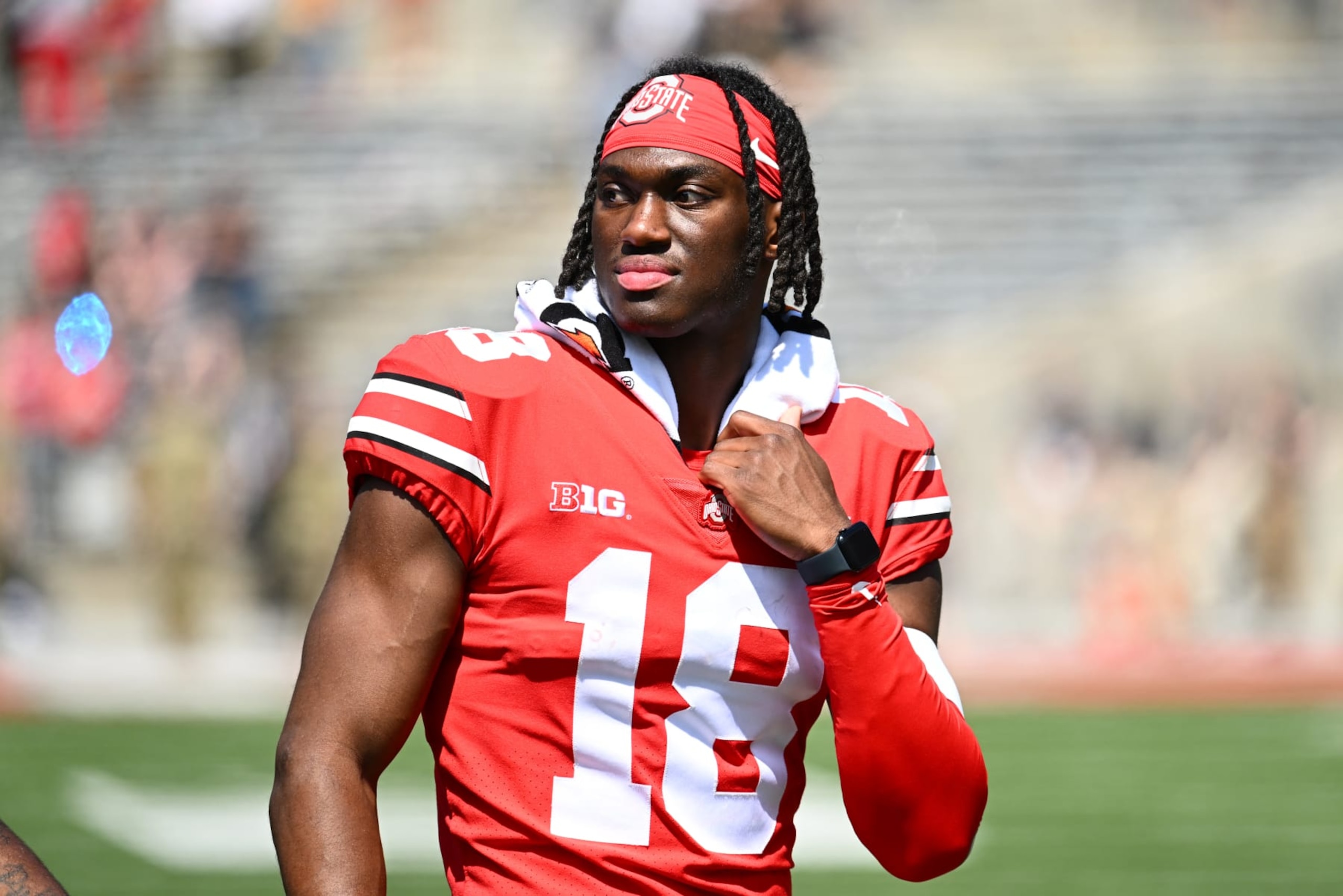 COLUMBUS, OHIO - APRIL 15: Marvin Harrison Jr. #18 of the Ohio State Buckeyes walks off the field following the Spring Game at Ohio Stadium on April 15, 2023 in Columbus, Ohio. (Photo by Ben Jackson/Getty Images)