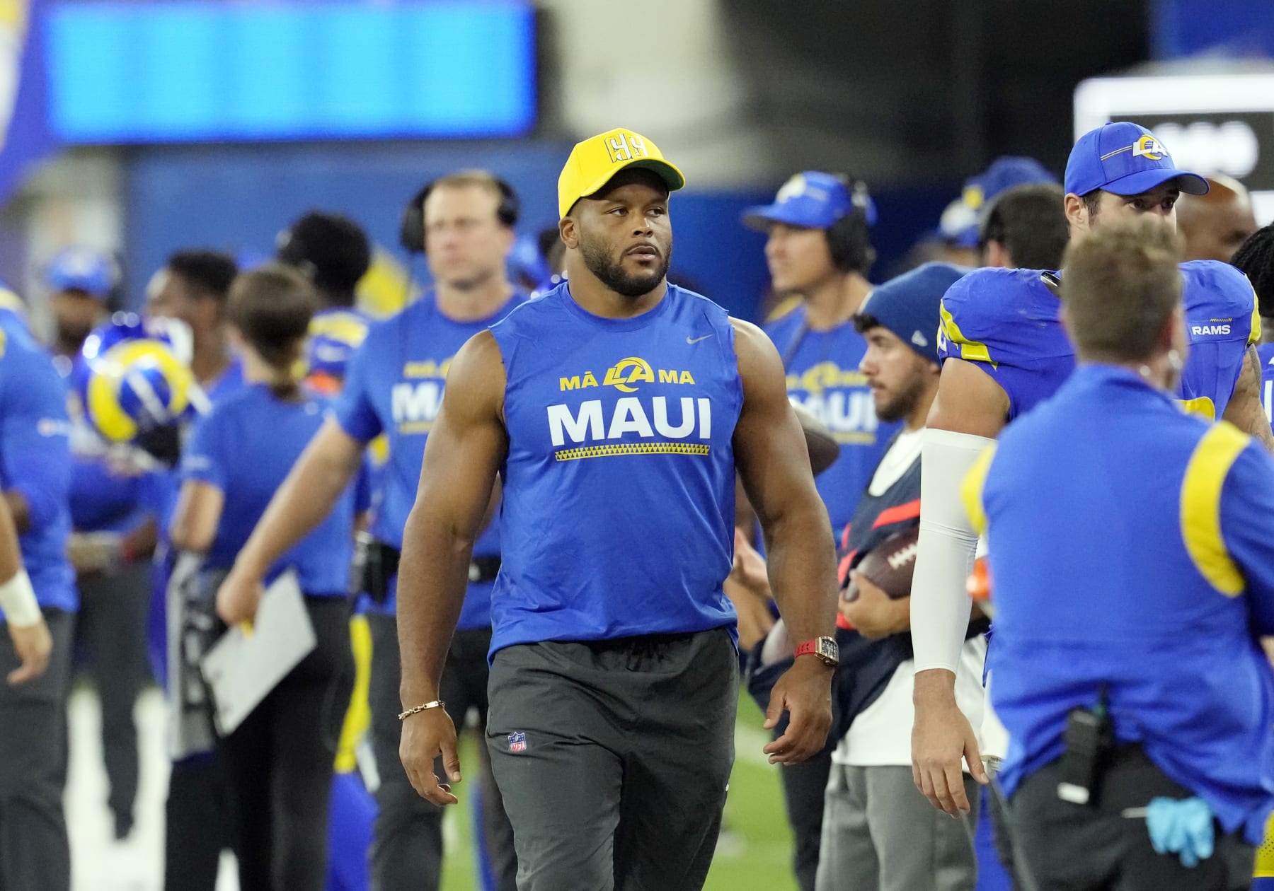 INGLEWOOD, CALIFORNIA - AUGUST 19: Defensive tackle Aaron Donald #99 of the Los Angeles Rams looks on from the sidelines during the second half of a preseason NFL game against the Las Vegas Raiders at SoFi Stadium on August 19, 2023 in Inglewood, California. (Photo by Kevork Djansezian/Getty Images)