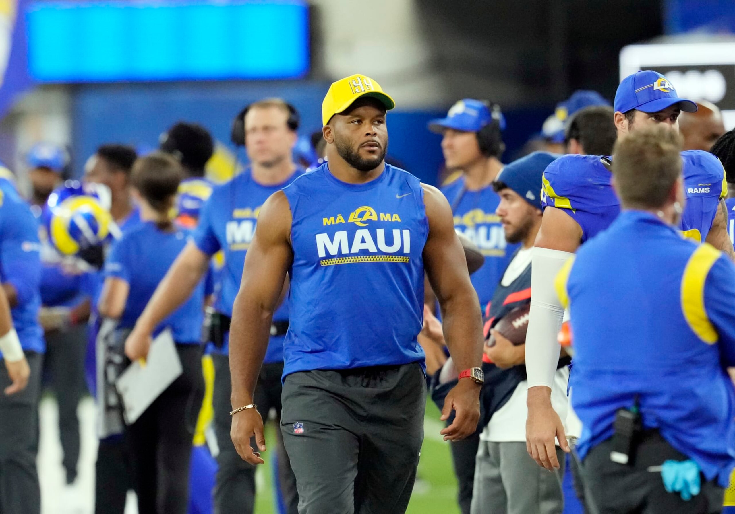 INGLEWOOD, CALIFORNIA - AUGUST 19: Defensive tackle Aaron Donald #99 of the Los Angeles Rams looks on from the sidelines during the second half of a preseason NFL game against the Las Vegas Raiders at SoFi Stadium on August 19, 2023 in Inglewood, California. (Photo by Kevork Djansezian/Getty Images)