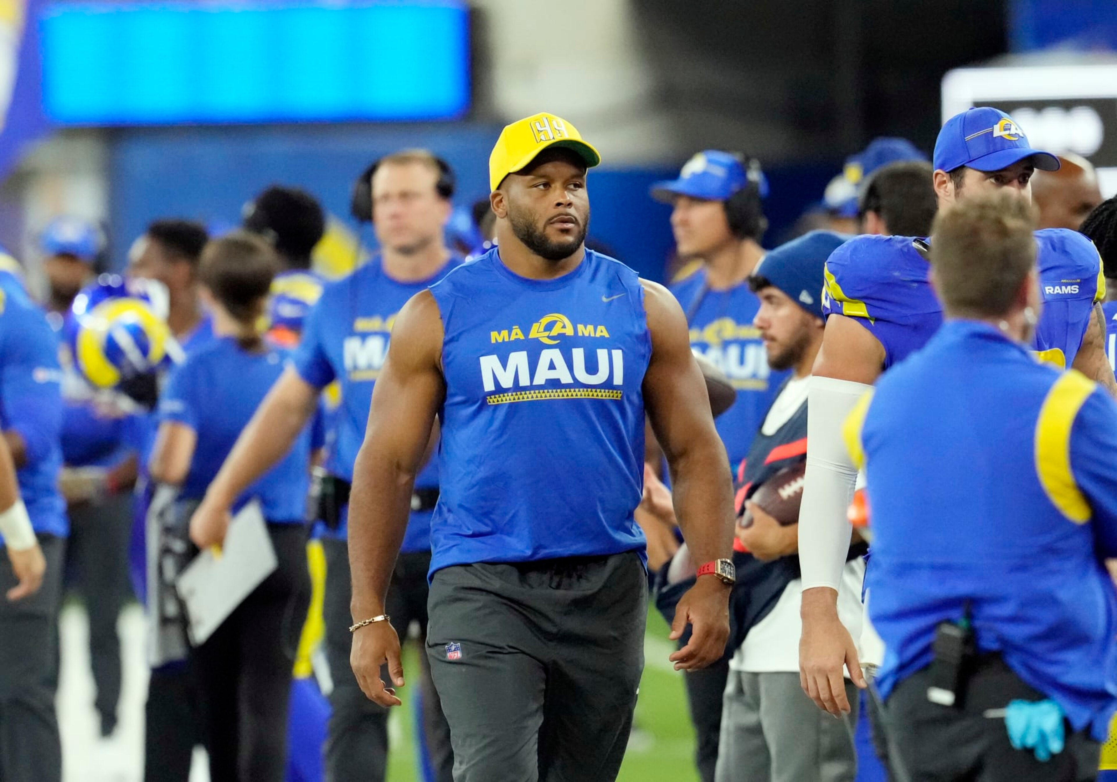 INGLEWOOD, CALIFORNIA - AUGUST 19: Defensive tackle Aaron Donald #99 of the Los Angeles Rams looks on from the sidelines during the second half of a preseason NFL game against the Las Vegas Raiders at SoFi Stadium on August 19, 2023 in Inglewood, California. (Photo by Kevork Djansezian/Getty Images)
