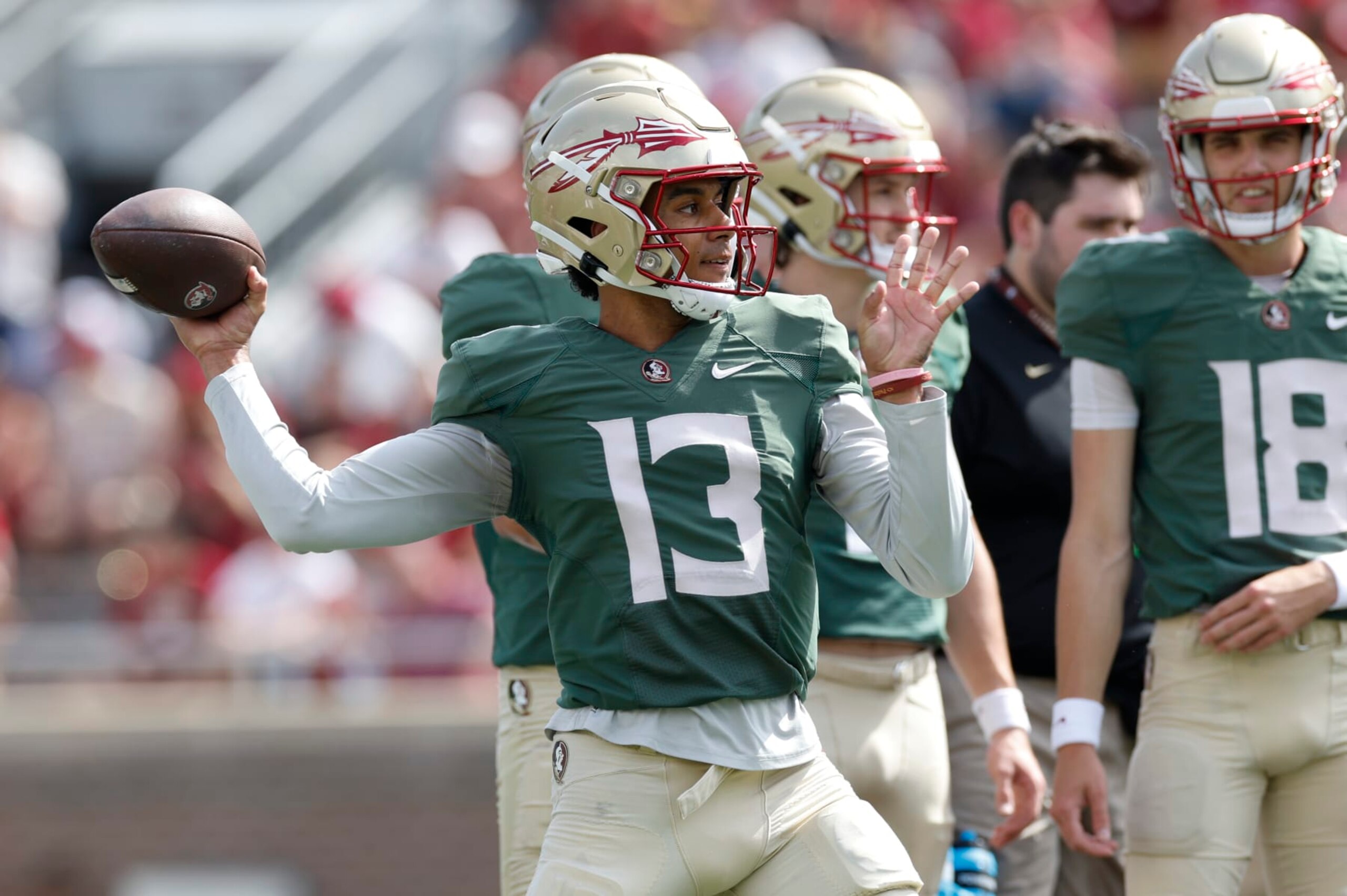 TALLAHASSEE, FL - APRIL 15: Florida State Seminoles quarterback Jordan Travis (13) throws a pass during the Florida State Garnet & Gold Spring Showcase on April 15, 2023 at Bobby Bowden Field at Doak Campbell Stadium in Tallahassee, Fl. (Photo by David Rosenblum/Icon Sportswire via Getty Images)