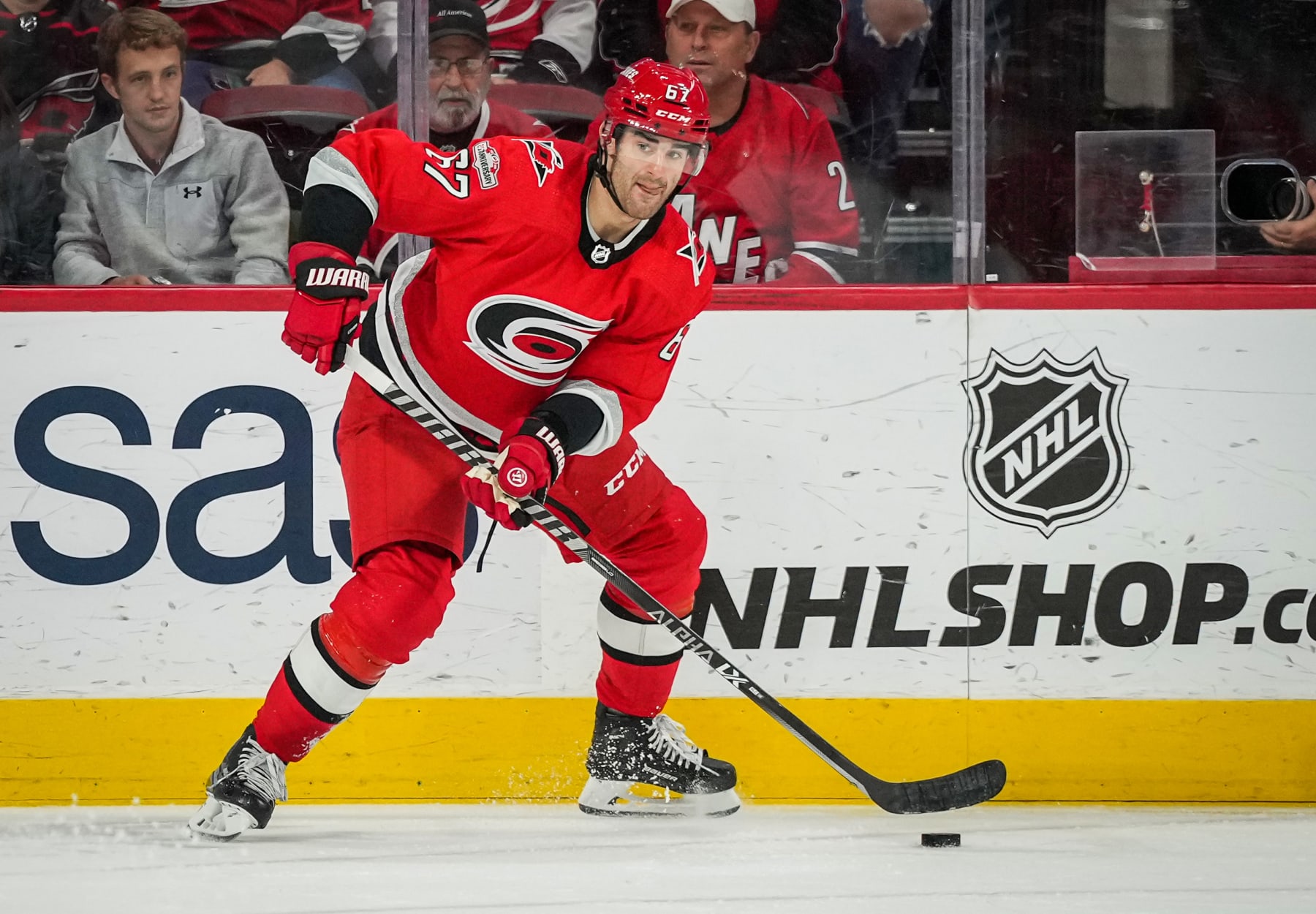 RALEIGH, NORTH CAROLINA - JANUARY 19: Max Pacioretty #67 of the Carolina Hurricanes skates during the second period against the Minnesota Wild at PNC Arena on January 19, 2023 in Raleigh, North Carolina. (Photo by Josh Lavallee/NHLI via Getty Images)
