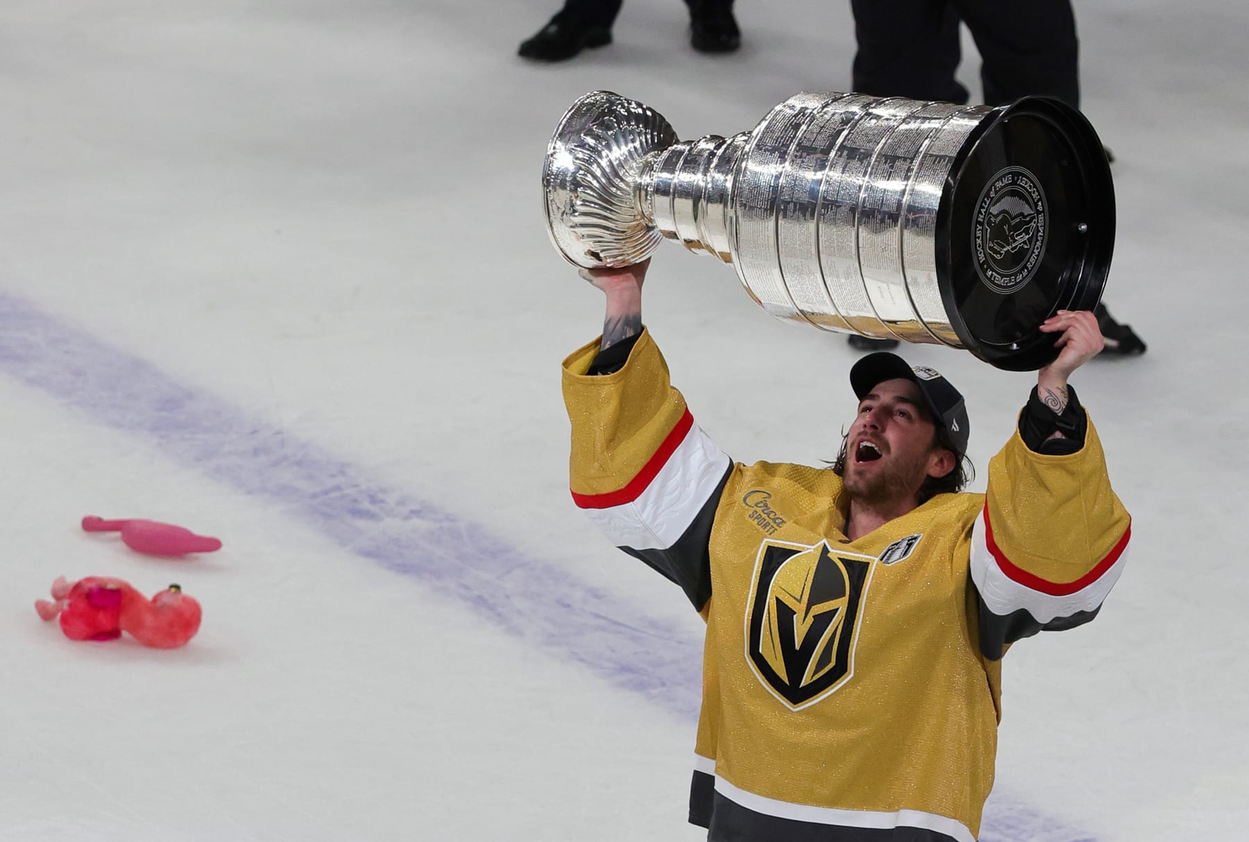 LAS VEGAS, NEVADA - JUNE 13: Logan Thompson #36 of the Vegas Golden Knights hoists the Stanley Cup after the team's 9-3 victory over the Florida Panthers in Game Five of the 2023 NHL Stanley Cup Final at T-Mobile Arena on June 13, 2023 in Las Vegas, Nevada. The Golden Knights won the series four games to one. (Photo by Ethan Miller/Getty Images)