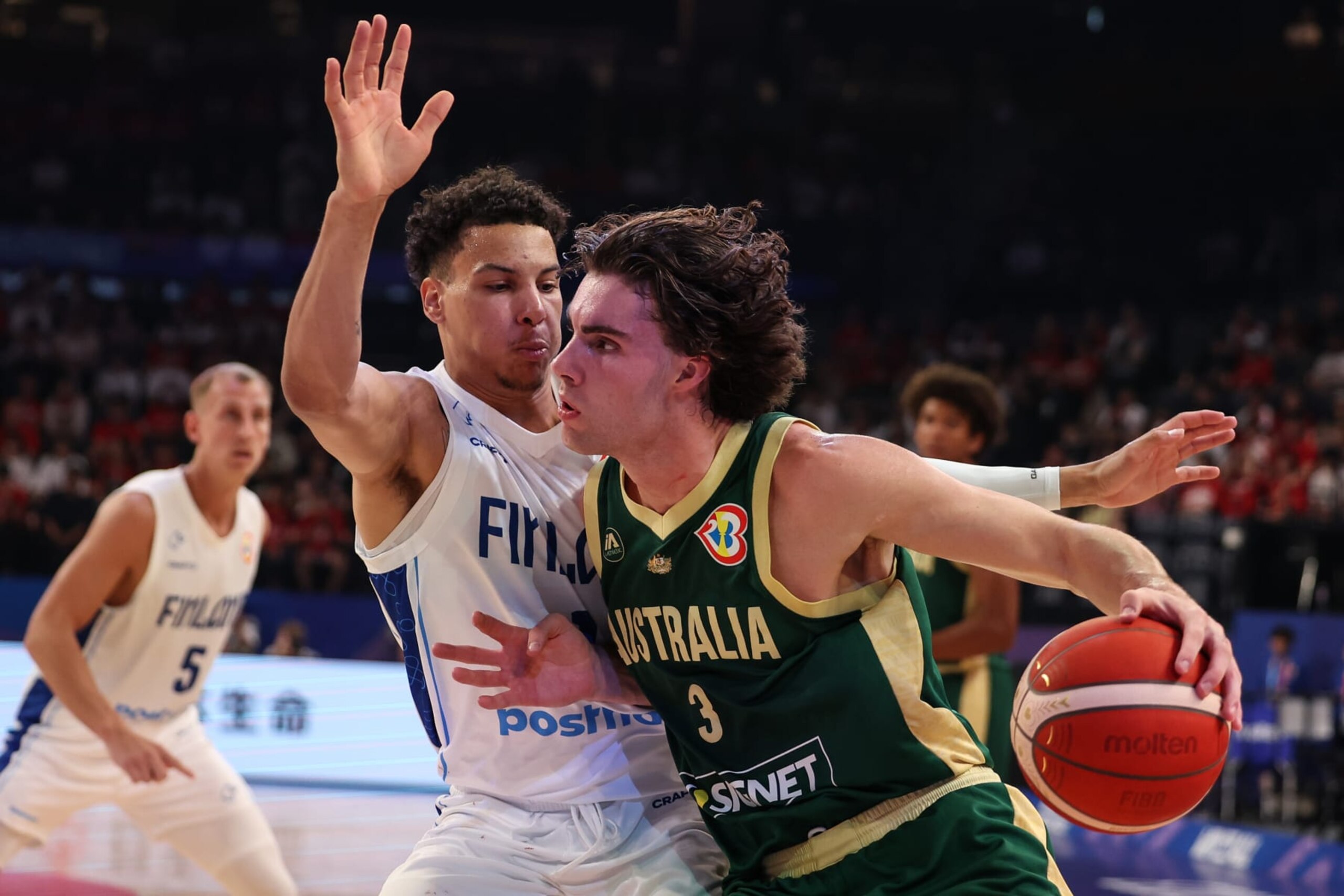 OKINAWA, JAPAN - AUGUST 25: Josh Giddey #3 of Australia drives to the basket against Miro Little #1 of Finland during the FIBA World Cup Group E game between Finland and Australia at Okinawa Arena on August 25, 2023 in Okinawa, Japan. (Photo by Takashi Aoyama/Getty Images) OKINAWA, JAPAN - AUGUST 25: Josh Giddey #3 of Australia drives to the basket against Miro Little #1 of Finland during the FIBA World Cup Group E game between Finland and Australia at Okinawa Arena on August 25, 2023 in Okinawa, Japan. (Photo by Takashi Aoyama/Getty Images)