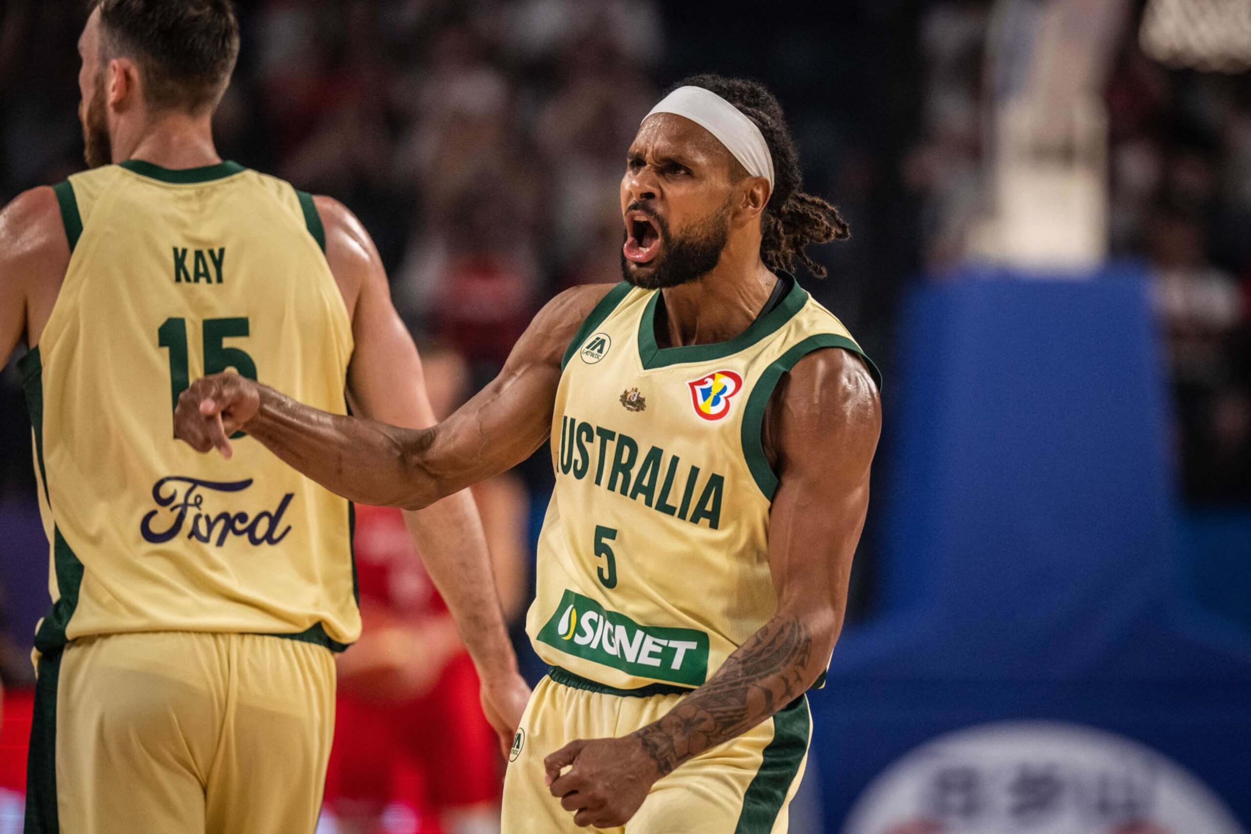 Australia's Patty Mills reacts after scoring during the FIBA Basketball World Cup group E match between Australia and Germany at Okinawa Arena in Okinawa on August 27, 2023. (Photo by Yuichi YAMAZAKI / AFP) (Photo by YUICHI YAMAZAKI/AFP via Getty Images) Australia's Patty Mills reacts after scoring during the FIBA Basketball World Cup group E match between Australia and Germany at Okinawa Arena in Okinawa on August 27, 2023. (Photo by Yuichi YAMAZAKI / AFP) (Photo by YUICHI YAMAZAKI/AFP via Getty Images)