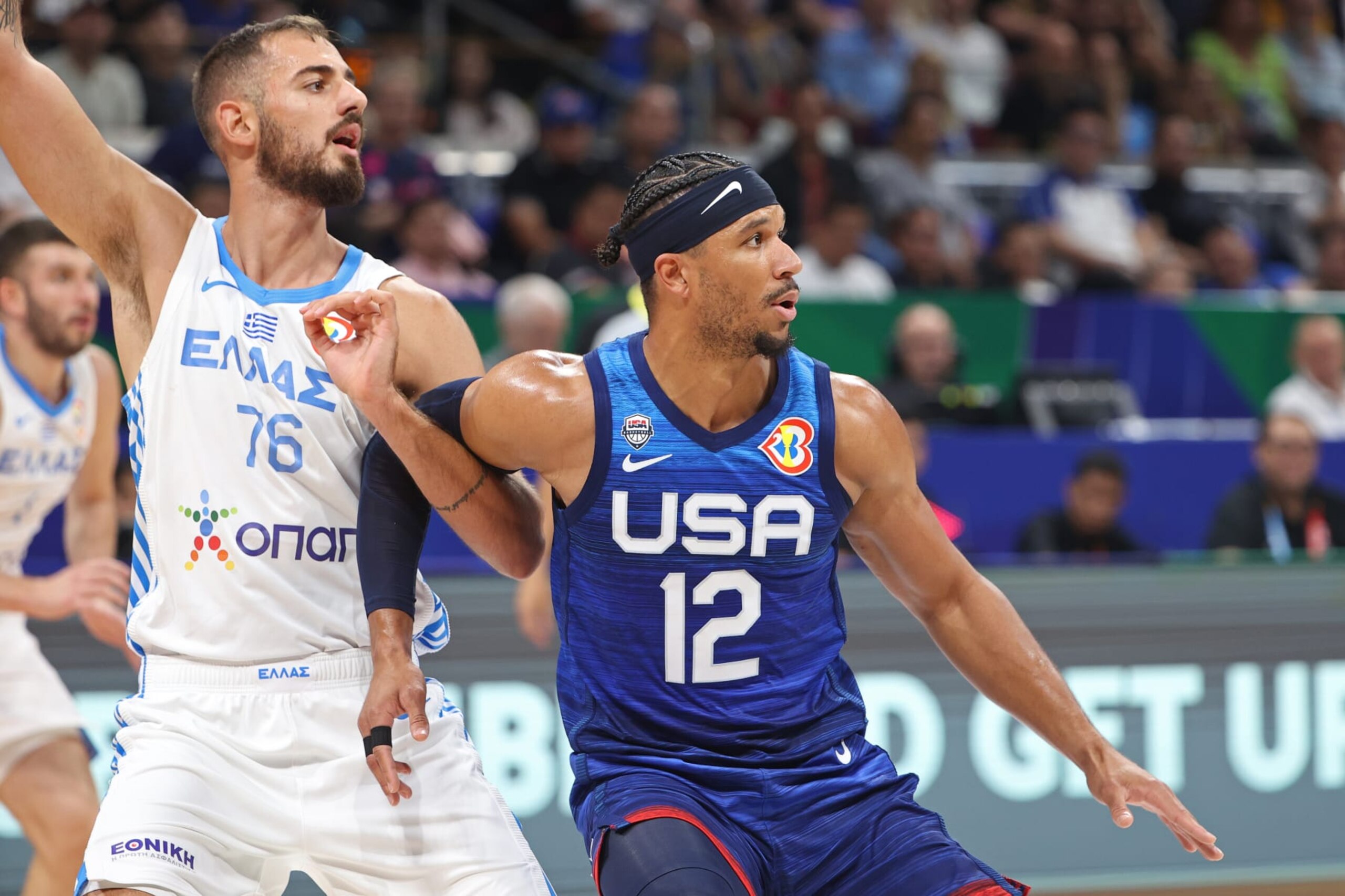 MANILA, PHILIPPINES - AUGUST 28: Josh Hart of the USA Men's Senior National Team plays defense against Greece as part of the 2023 FIBA World Cup on August 28, 2023 at Mall of Asia Arena in Manila, Philippines. NOTE TO USER: User expressly acknowledges and agrees that, by downloading and/or using this photograph, user is consenting to the terms and conditions of the Getty Images License Agreement. Mandatory Copyright Notice: Copyright 2023 NBAE (Photo by Nathaniel S. Butler/NBAE via Getty Images)