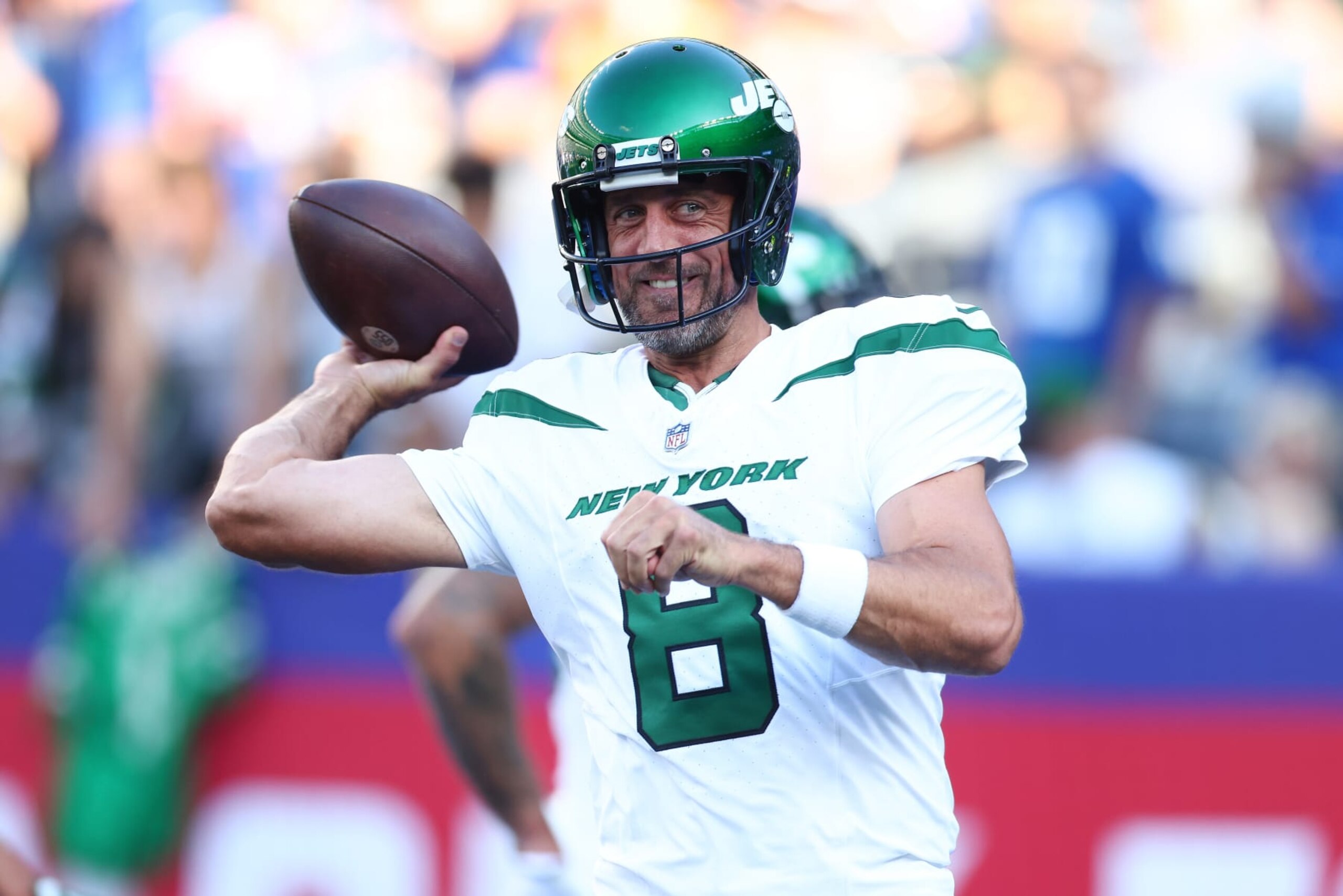 EAST RUTHERFORD, NEW JERSEY - AUGUST 26: Aaron Rodgers #8 of the New York Jets warms up prior to the game against the New York Giants at MetLife Stadium on August 26, 2023 in East Rutherford, New Jersey. (Photo by Mike Stobe/Getty Images) EAST RUTHERFORD, NEW JERSEY - AUGUST 26: Aaron Rodgers #8 of the New York Jets warms up prior to the game against the New York Giants at MetLife Stadium on August 26, 2023 in East Rutherford, New Jersey. (Photo by Mike Stobe/Getty Images)