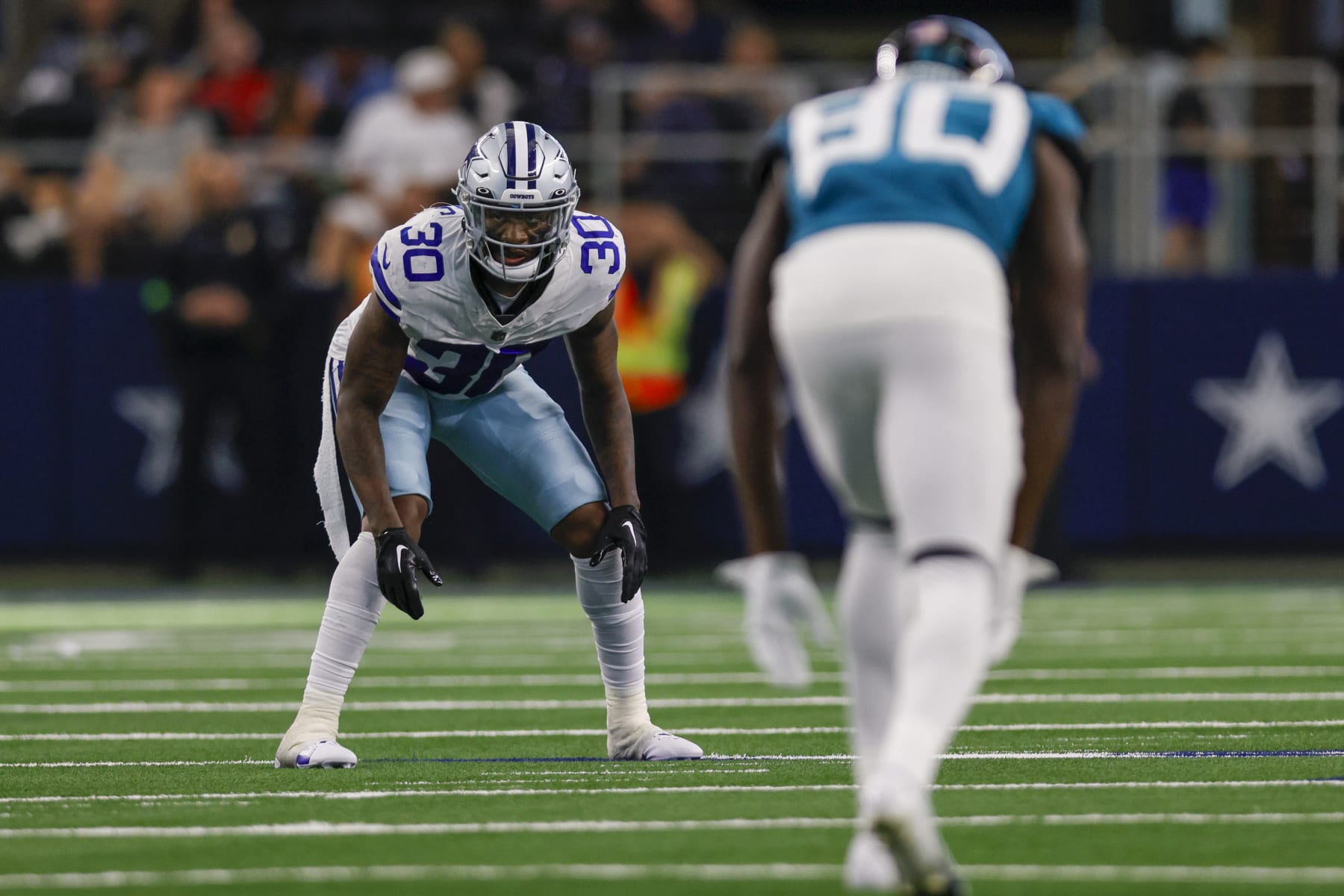 ARLINGTON, TX - AUGUST 12: Dallas Cowboys safety Juanyeh Thomas (30) waits for the kick-off during the preseason game between the Dallas Cowboys and the Jacksonville Jaguars on August 12, 2023 at AT&T Stadium in Arlington, Texas. (Photo by Matthew Pearce/Icon Sportswire via Getty Images)
