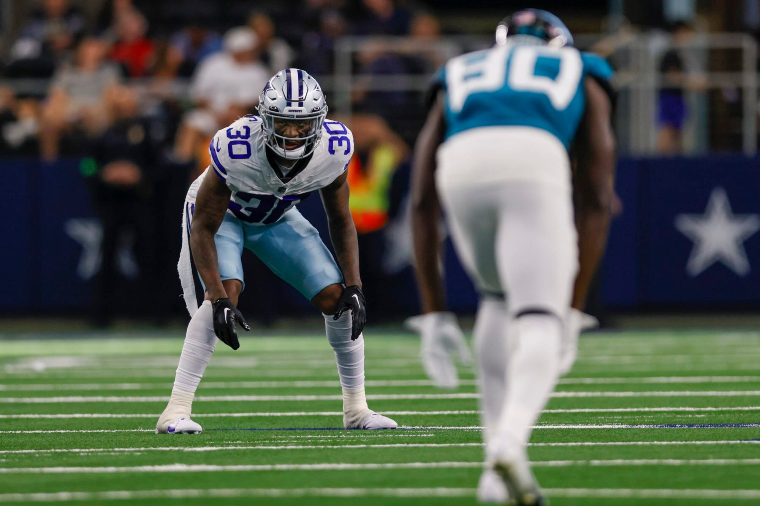 ARLINGTON, TX - AUGUST 12: Dallas Cowboys safety Juanyeh Thomas (30) waits for the kick-off during the preseason game between the Dallas Cowboys and the Jacksonville Jaguars on August 12, 2023 at AT&T Stadium in Arlington, Texas. (Photo by Matthew Pearce/Icon Sportswire via Getty Images)