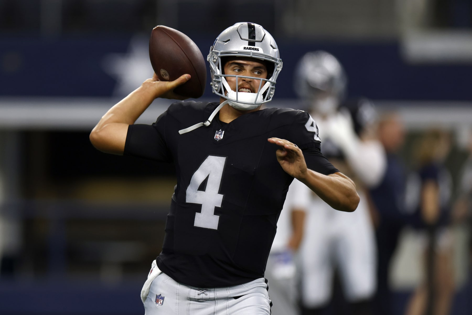 ARLINGTON, TX - AUGUST 26: Aidan O'Connell #4 of the Las Vegas Raiders throws before a preseason game against the Dallas Cowboys at AT&T Stadium on August 26, 2023 in Arlington, Texas. (Photo by Ron Jenkins/Getty Images)