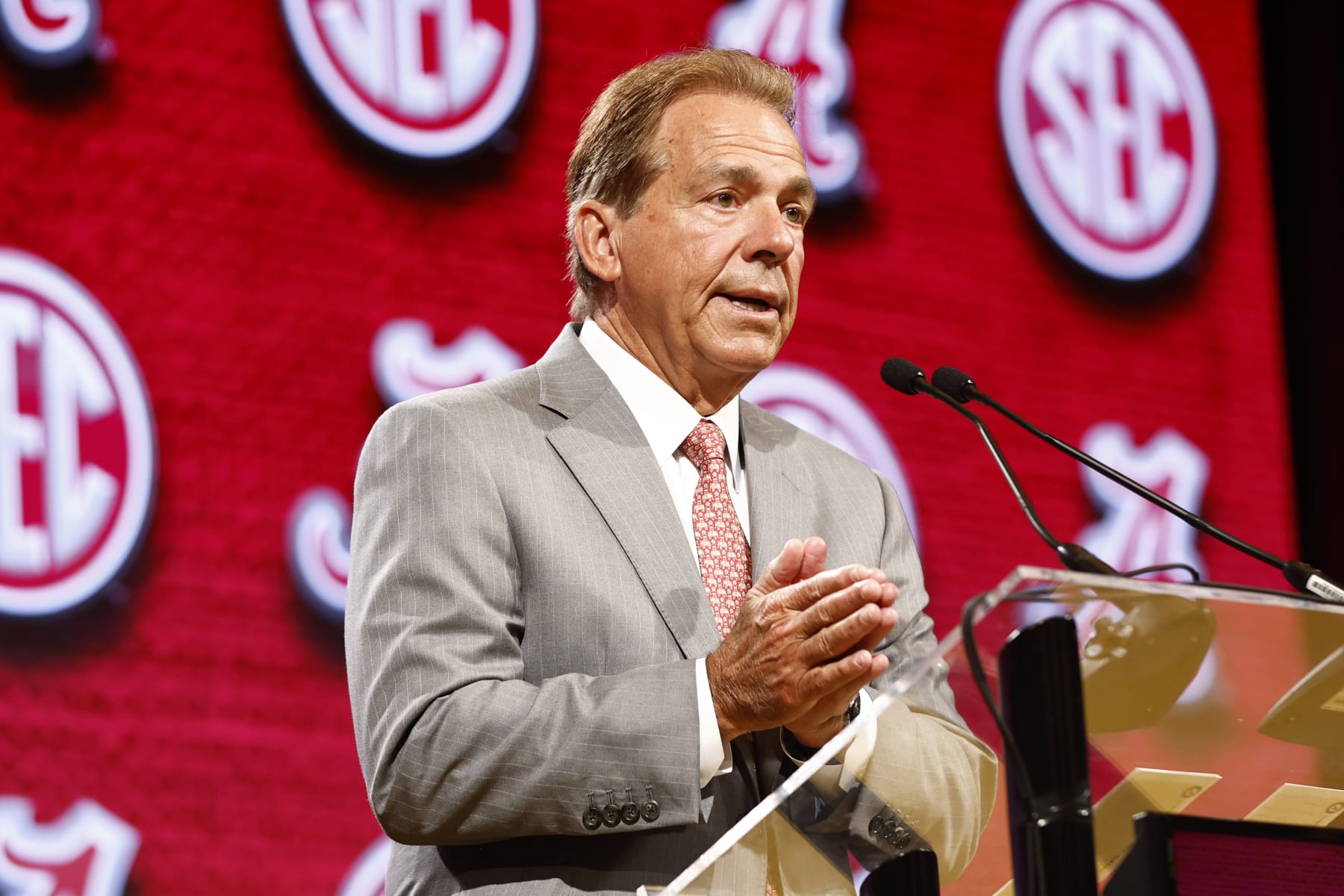 NASHVILLE, TENNESSEE - JULY 19: Head Coach Nick Saban of the Alabama Crimson Tide speaks during Day 3 of the 2023 SEC Media Days at Grand Hyatt Nashville on July 19, 2023 in Nashville, Tennessee. (Photo by Johnnie Izquierdo/Getty Images)