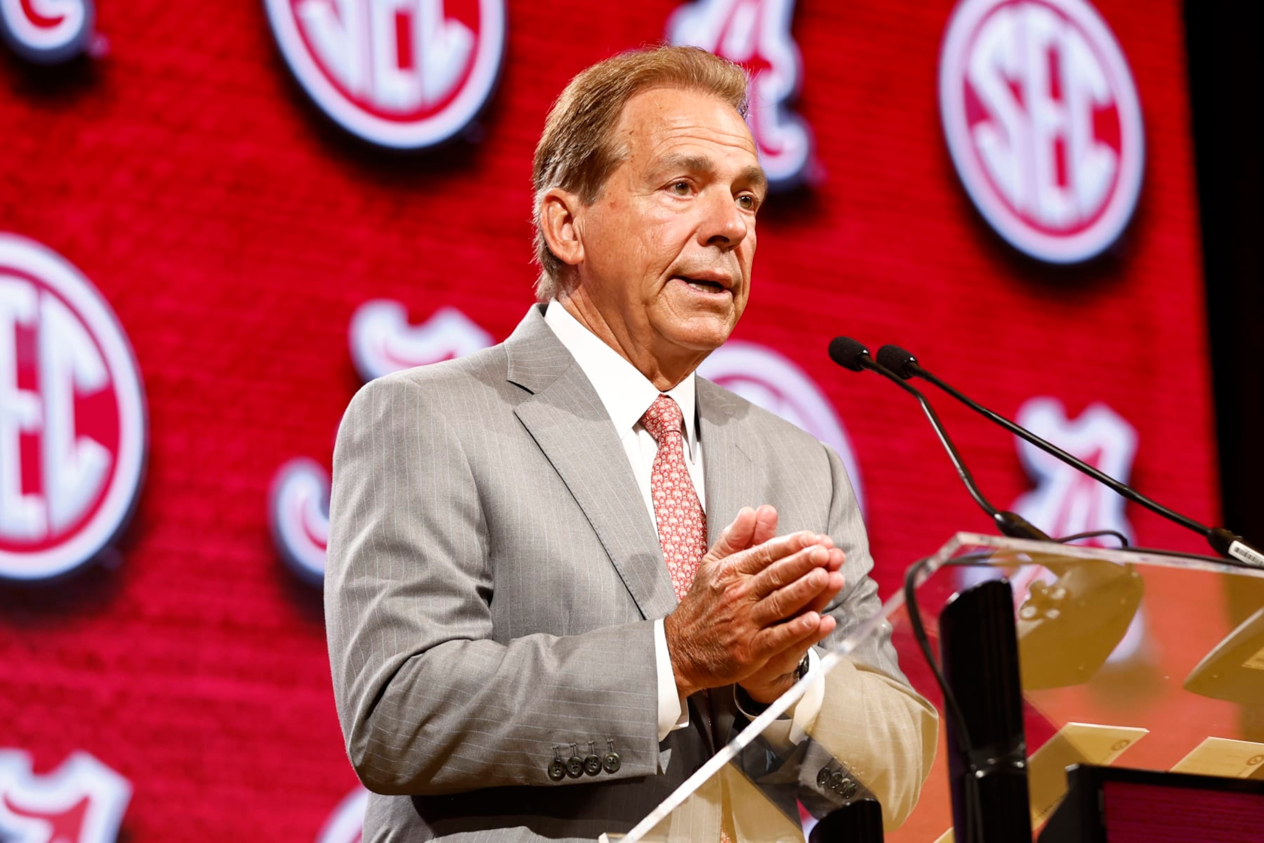 NASHVILLE, TENNESSEE - JULY 19: Head Coach Nick Saban of the Alabama Crimson Tide speaks during Day 3 of the 2023 SEC Media Days at Grand Hyatt Nashville on July 19, 2023 in Nashville, Tennessee. (Photo by Johnnie Izquierdo/Getty Images) NASHVILLE, TENNESSEE - JULY 19: Head Coach Nick Saban of the Alabama Crimson Tide speaks during Day 3 of the 2023 SEC Media Days at Grand Hyatt Nashville on July 19, 2023 in Nashville, Tennessee. (Photo by Johnnie Izquierdo/Getty Images)