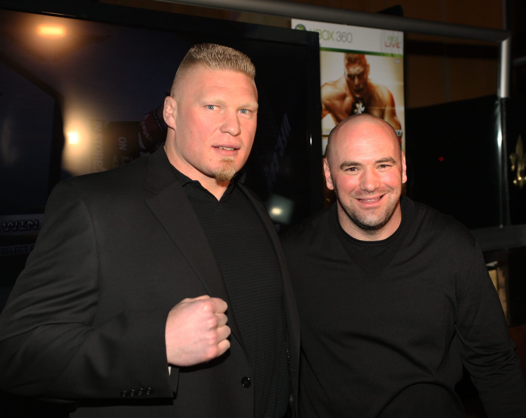 NEW YORK - MARCH 25: UFC figther Brock Lesnar and Dana White, President of UFC, attend the New York premiere of "UFC Undisputed 2010" at M2 Ultra Lounge on March 25, 2010 in New York City.  (Photo by Bennett Raglin/WireImage)