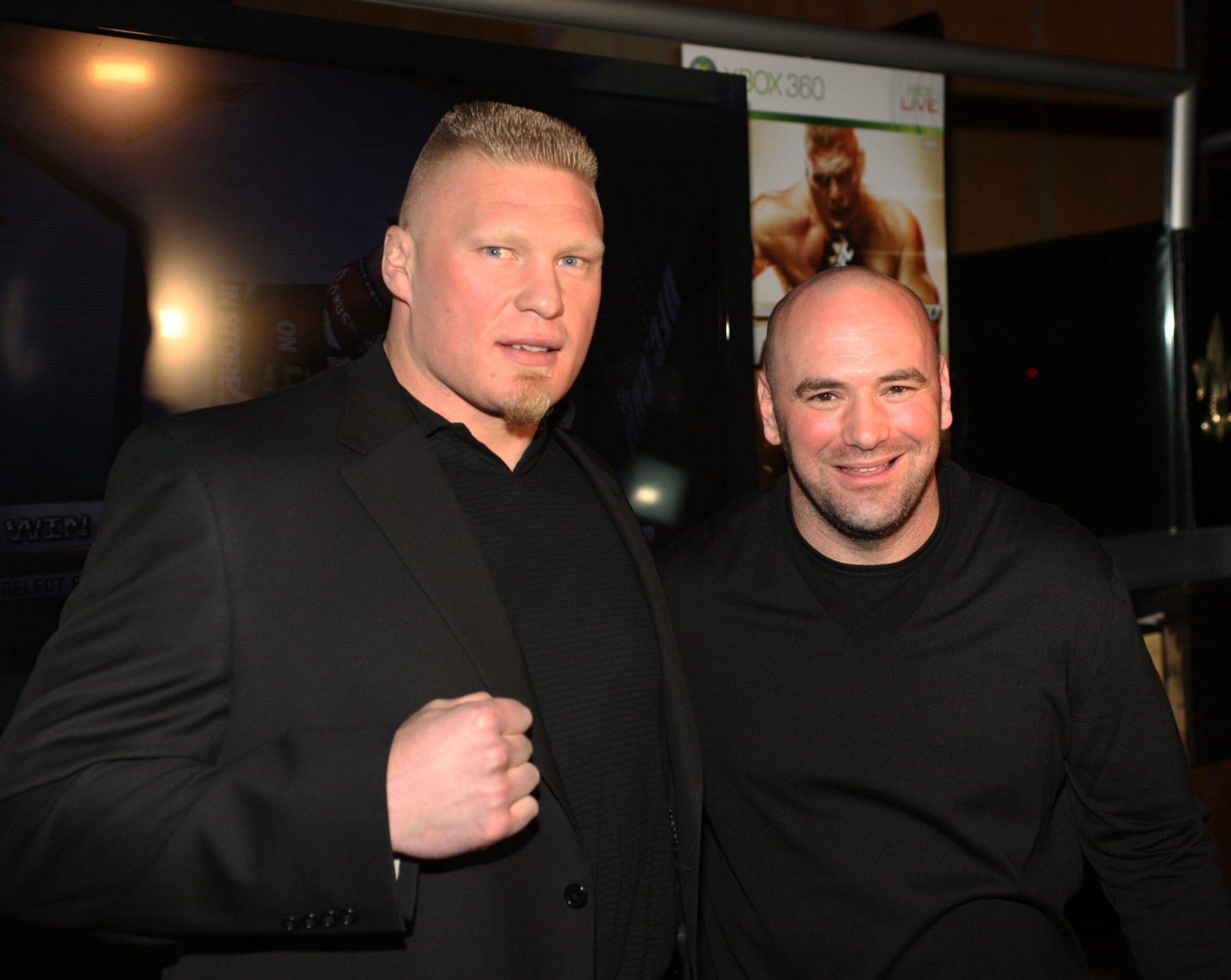NEW YORK - MARCH 25: UFC figther Brock Lesnar and Dana White, President of UFC, attend the New York premiere of "UFC Undisputed 2010" at M2 Ultra Lounge on March 25, 2010 in New York City.  (Photo by Bennett Raglin/WireImage)