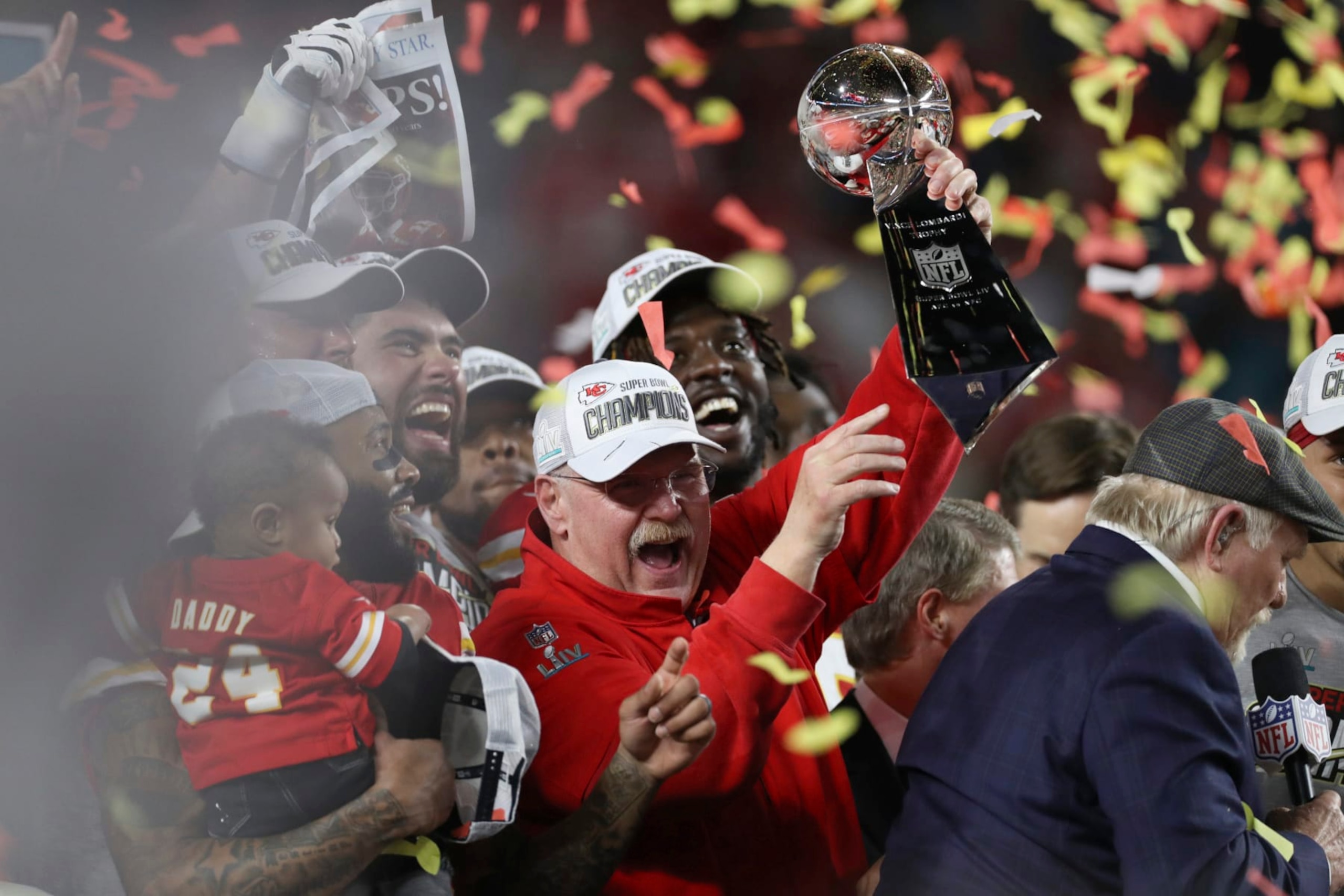 Football: Super Bowl LIV: Kansas City Chiefs coach Andy Reid victorious, holding up Vince Lombardi trophy after winning game vs San Francisco 49ers at Hard Rock Stadium.
Miami Gardens, FL 2/2/2020
CREDIT: Simon Bruty (Photo by Simon Bruty /Sports Illustrated/Getty Images)
(Set Number: X163163 TK1 )
