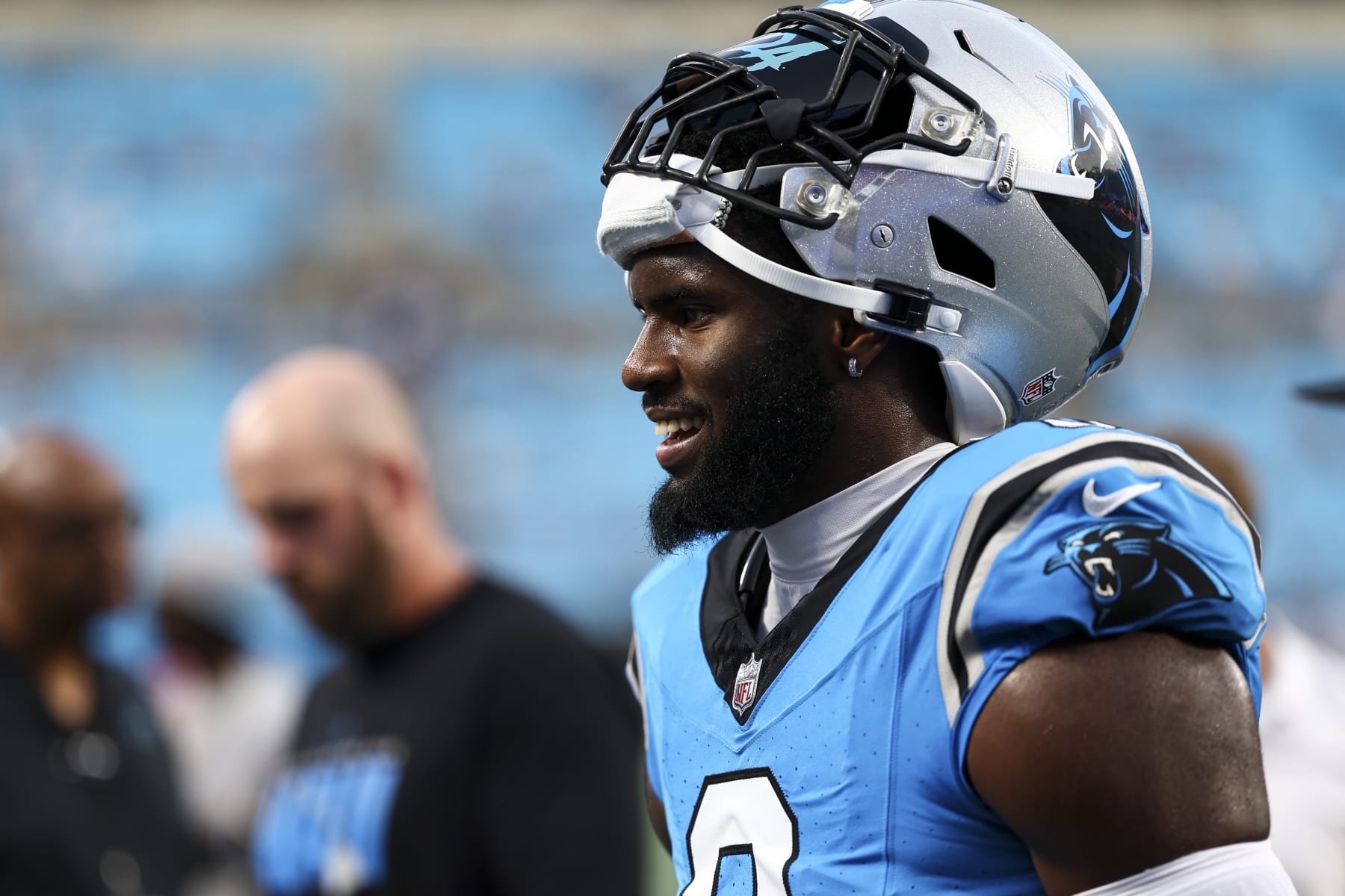 CHARLOTTE, NC - AUGUST 25: Brian Burns #0 of the Carolina Panthers smiles prior to an NFL preseason football game against the Detroit Lions at Bank of America Stadium on August 25, 2023 in Charlotte, North Carolina. (Photo by Kevin Sabitus/Getty Images)