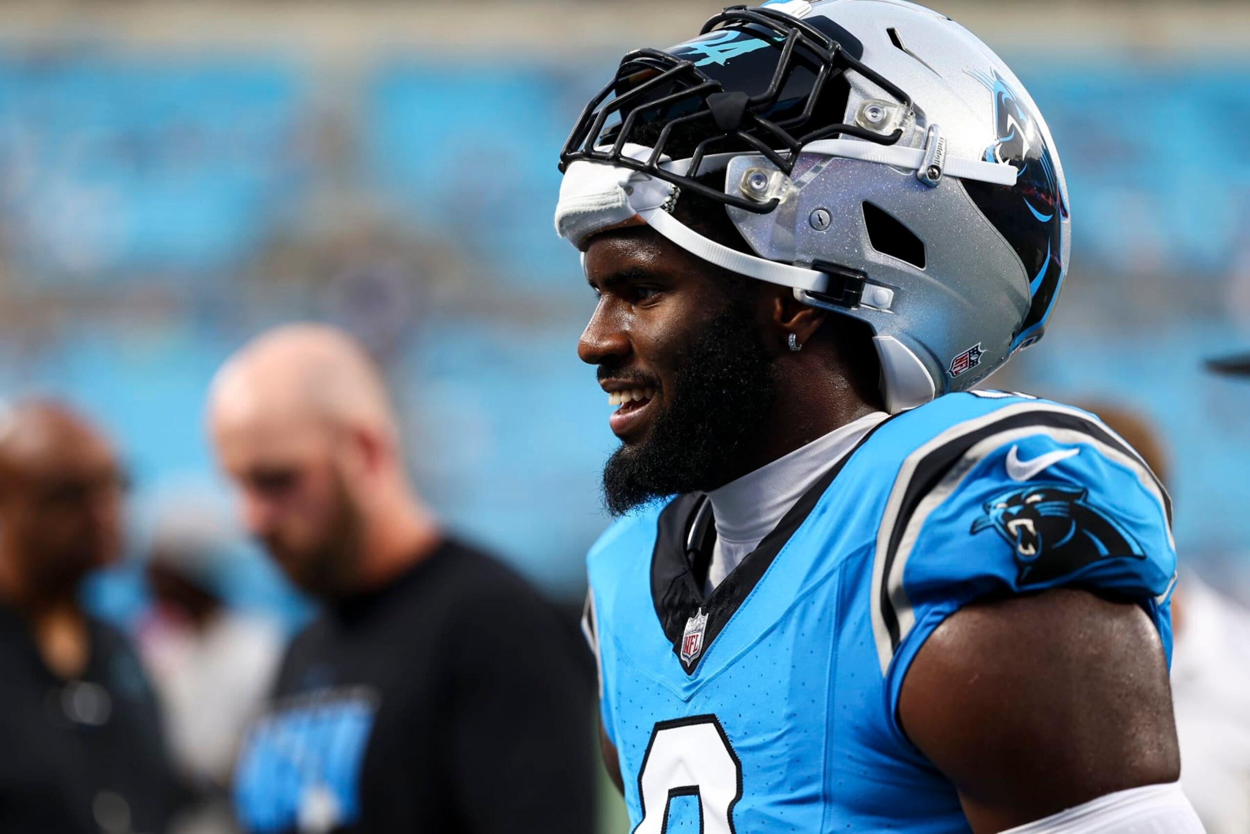 CHARLOTTE, NC - AUGUST 25: Brian Burns #0 of the Carolina Panthers smiles prior to an NFL preseason football game against the Detroit Lions at Bank of America Stadium on August 25, 2023 in Charlotte, North Carolina. (Photo by Kevin Sabitus/Getty Images) CHARLOTTE, NC - AUGUST 25: Brian Burns #0 of the Carolina Panthers smiles prior to an NFL preseason football game against the Detroit Lions at Bank of America Stadium on August 25, 2023 in Charlotte, North Carolina. (Photo by Kevin Sabitus/Getty Images)