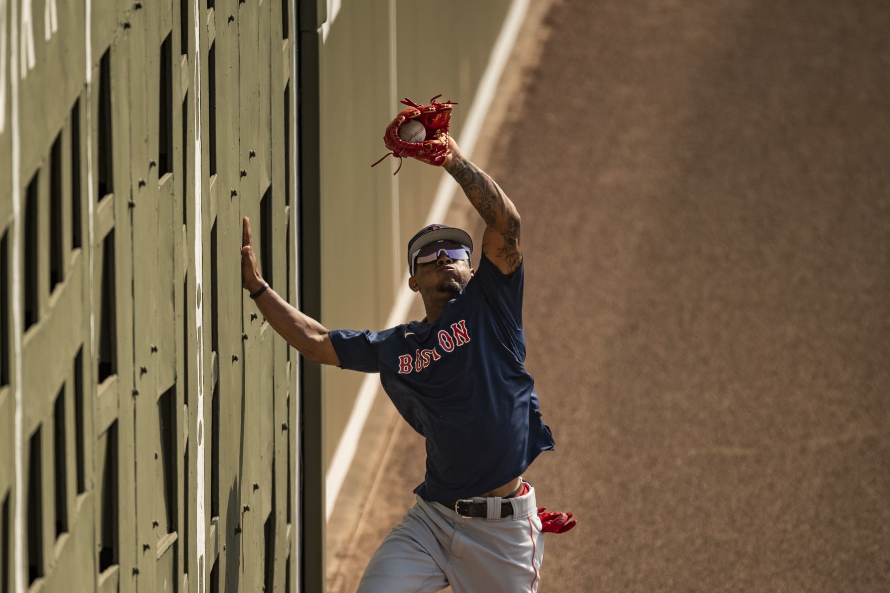 FT. MYERS, FL - FEBRUARY 23: Ceddane Rafaela of the Boston Red Sox tracks a fly ball during a Boston Red Sox spring training workout on February 23, 2023 at jetBlue Park at Fenway South in Fort Myers, Florida. (Photo by Billie Weiss/Boston Red Sox/Getty Images)