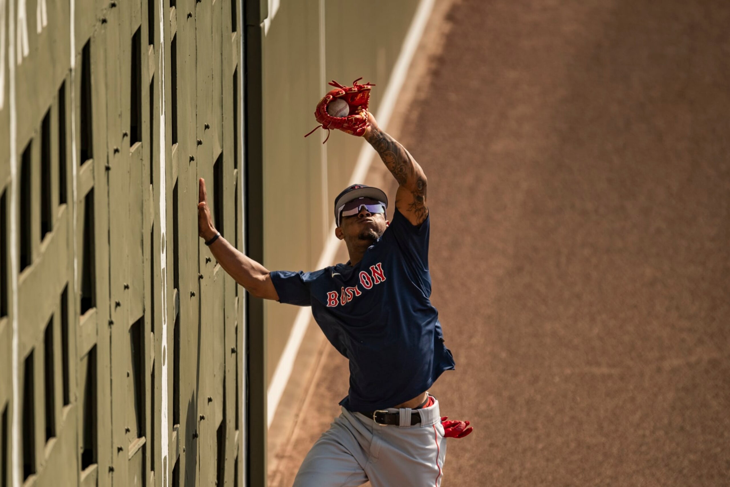 FT. MYERS, FL - FEBRUARY 23: Ceddane Rafaela of the Boston Red Sox tracks a fly ball during a Boston Red Sox spring training workout on February 23, 2023 at jetBlue Park at Fenway South in Fort Myers, Florida. (Photo by Billie Weiss/Boston Red Sox/Getty Images)