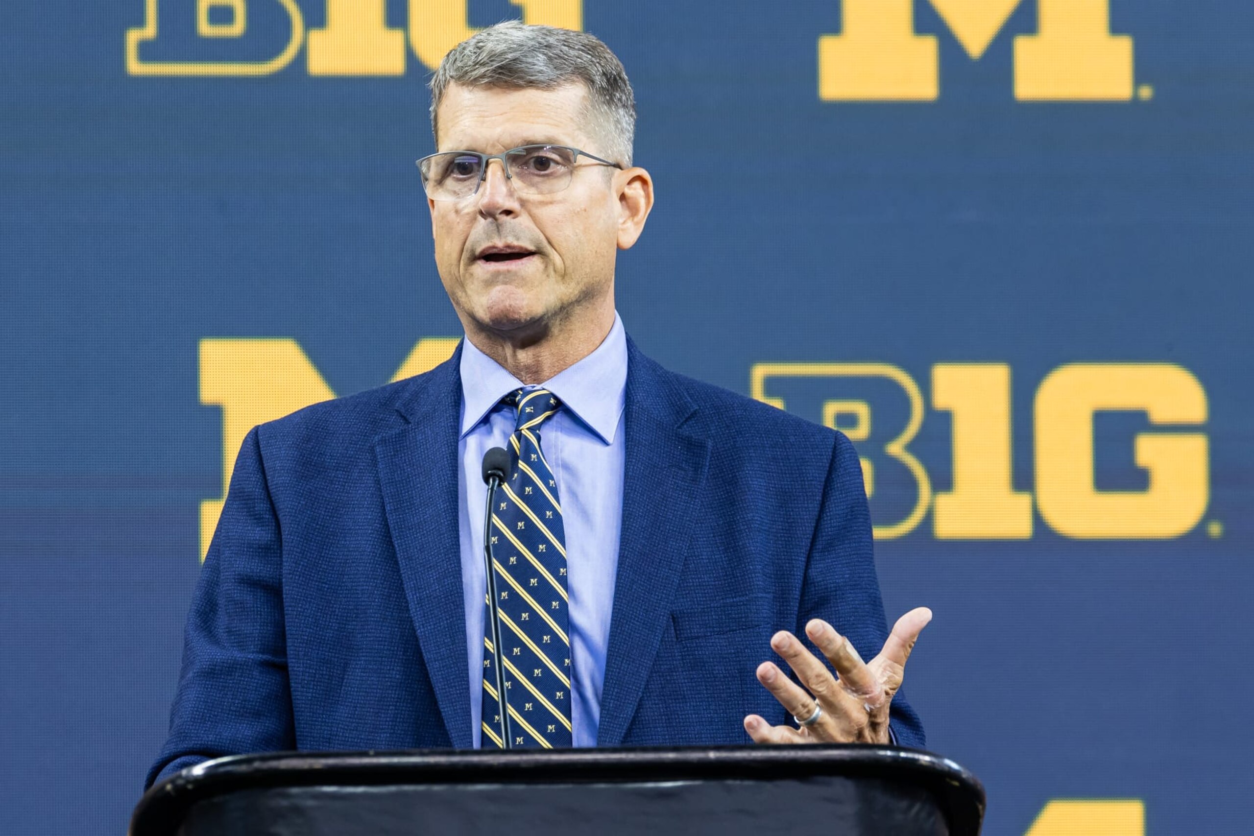 INDIANAPOLIS, INDIANA - JULY 27: Head coach Jim Harbaugh of the Michigan Wolverines speaks at Big Ten football media days at Lucas Oil Stadium on July 27, 2023 in Indianapolis, Indiana. (Photo by Michael Hickey/Getty Images)