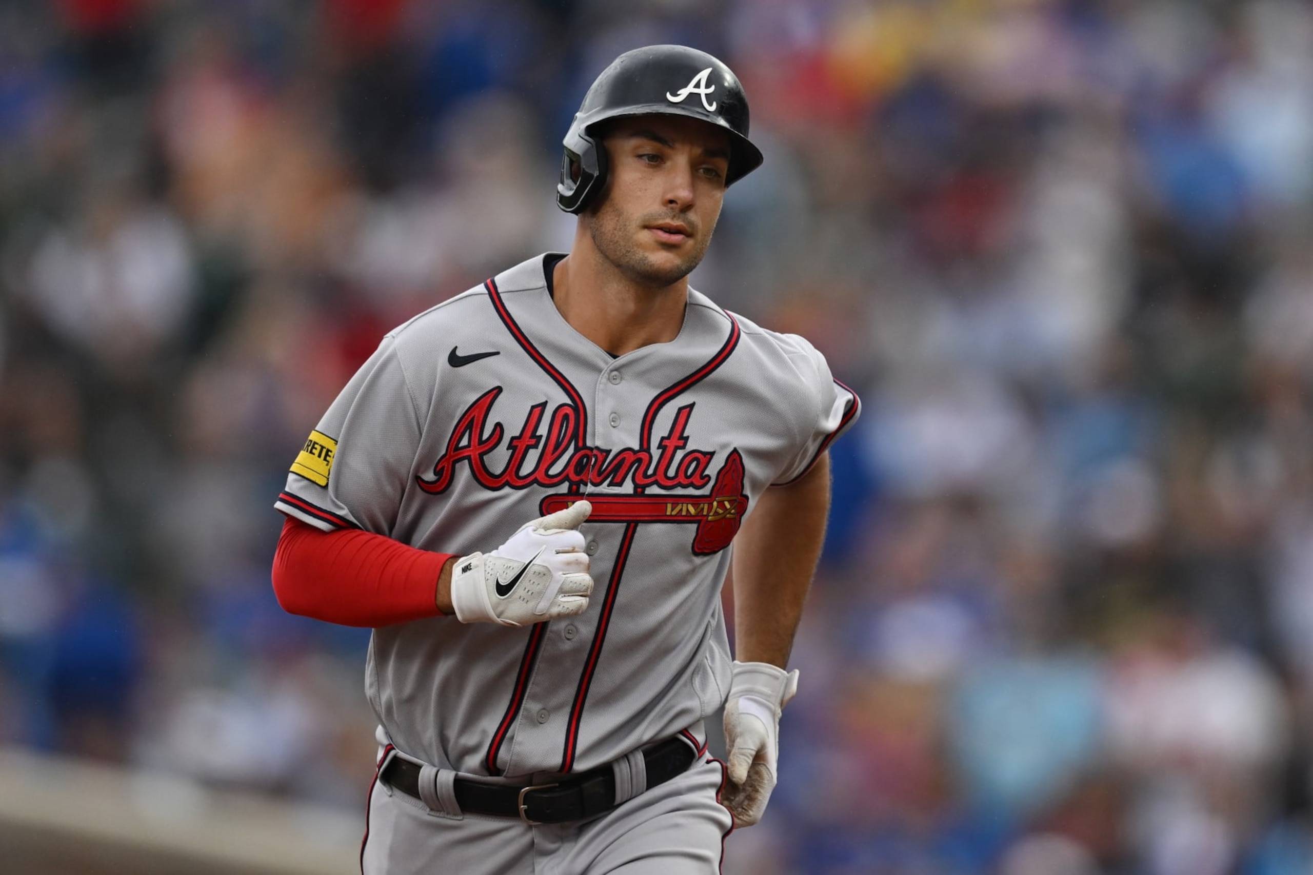 CHICAGO, ILLINOIS - AUGUST 06: Matt Olson #28 of the Atlanta Braves rounds the bases after a two-run home run in the third inning against Justin Steele of the Chicago Cubs at Wrigley Field on August 06, 2023 in Chicago, Illinois. (Photo by Quinn Harris/Getty Images)