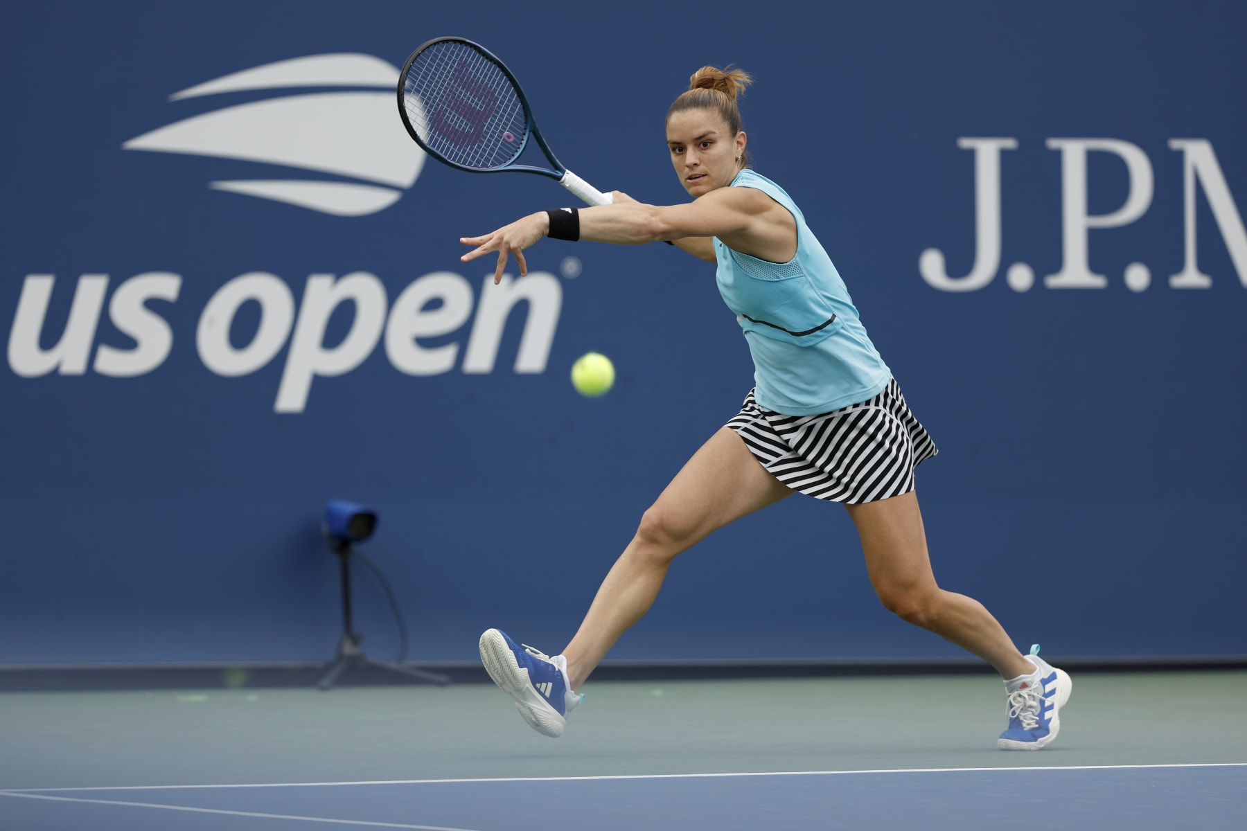 NEW YORK, NEW YORK - AUGUST 28: Maria Sakkari of Greece returns a shot against Rebeka Masarova of Spain during their Women's Singles First Round match on Day One of the 2023 US Open at the USTA Billie Jean King National Tennis Center on August 28, 2023 in the Flushing neighborhood of the Queens borough of New York City. (Photo by Sarah Stier/Getty Images)