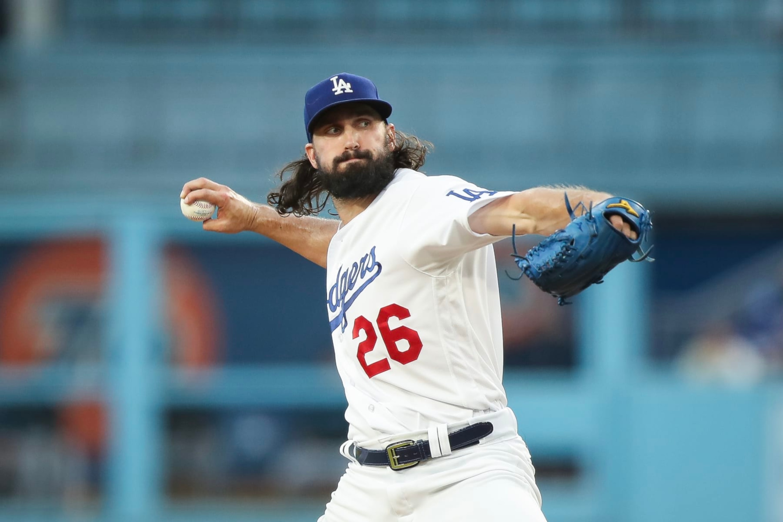 LOS ANGELES, CALIFORNIA - AUGUST 18: Tony Gonsolin #26 of the Los Angeles Dodgers pitches in the first inning against the Miami Marlins at Dodger Stadium on August 18, 2023 in Los Angeles, California. (Photo by Meg Oliphant/Getty Images)