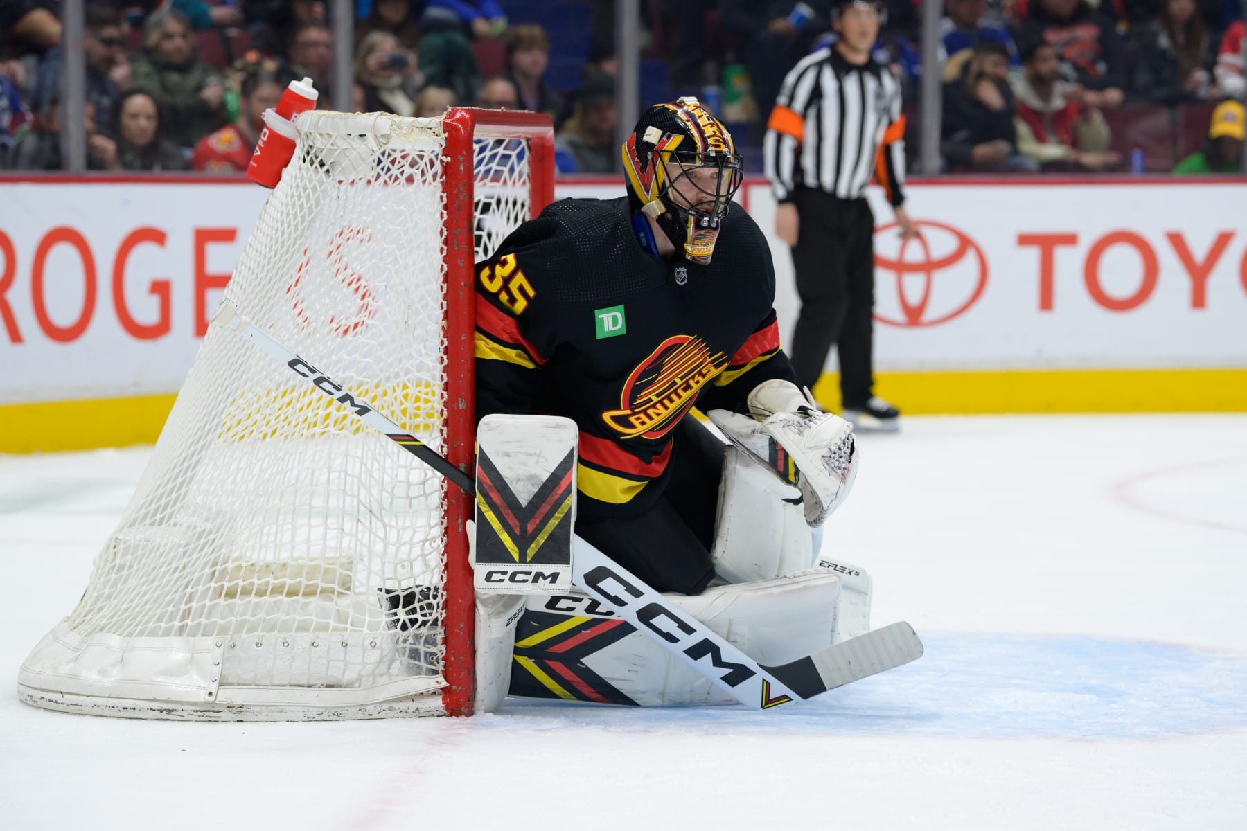 VANCOUVER, CANADA - APRIL 8: Thatcher Demko #35 of the Vancouver Canucks stands in the net during the second period of their NHL game against the Calgary Flames at Rogers Arena on April 8, 2023 in Vancouver, British Columbia, Canada. (Photo by Derek Cain/Getty Images)