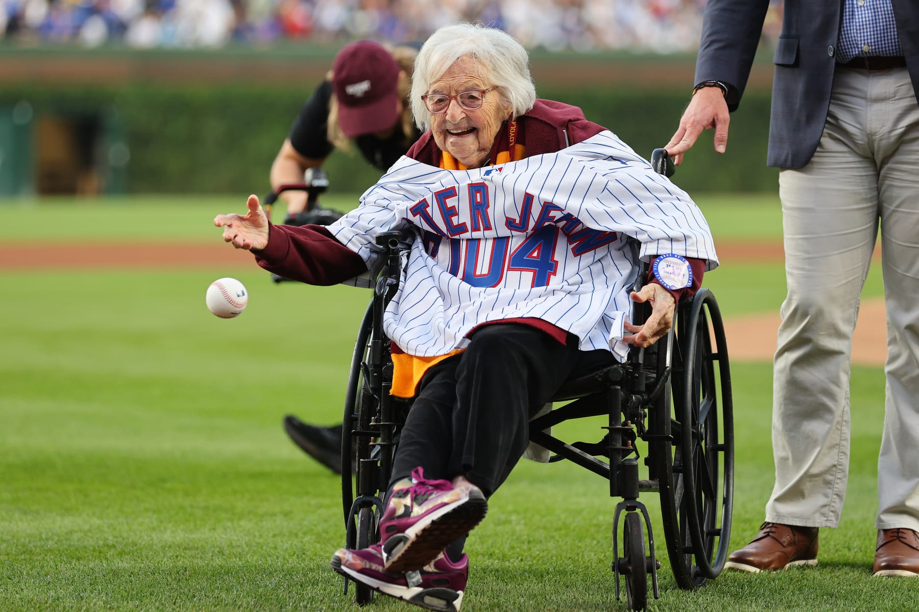 CHICAGO, ILLINOIS - AUGUST 28: Jean Dolores Schmidt, also known as Sister Jean, throws out the first pitch prior to the game between the Chicago Cubs and the Milwaukee Brewers at Wrigley Field on August 28, 2023 in Chicago, Illinois. (Photo by Michael Reaves/Getty Images)