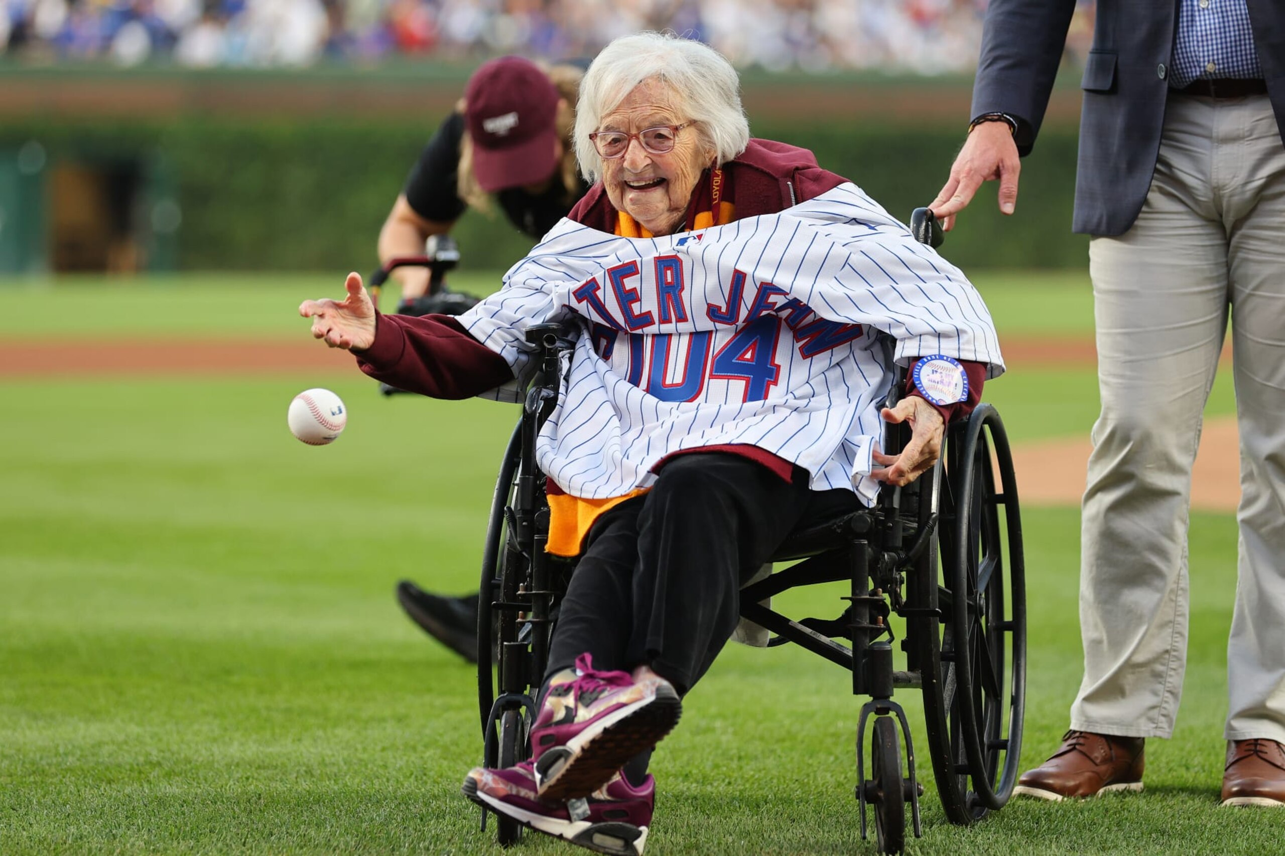 CHICAGO, ILLINOIS - AUGUST 28: Jean Dolores Schmidt, also known as Sister Jean, throws out the first pitch prior to the game between the Chicago Cubs and the Milwaukee Brewers at Wrigley Field on August 28, 2023 in Chicago, Illinois. (Photo by Michael Reaves/Getty Images)
