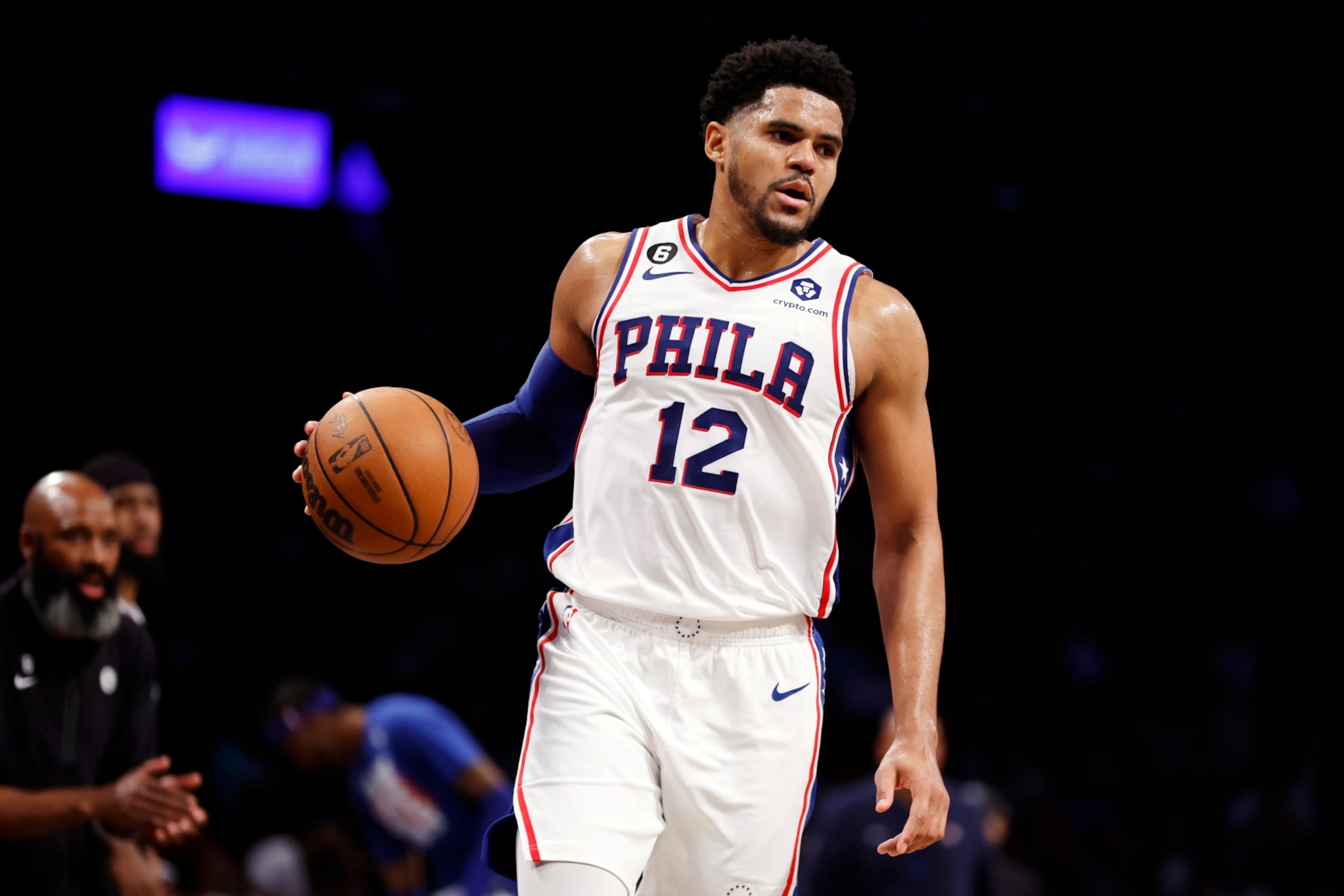 NEW YORK, NEW YORK - APRIL 22: Tobias Harris #12 of the Philadelphia 76ers dribbles against the Brooklyn Nets during the second half of Game Four of the Eastern Conference First Round Playoffs at Barclays Center on April 22, 2023 in the Brooklyn borough of New York City. The 76ers won 96-88. NOTE TO USER: User expressly acknowledges and agrees that, by downloading and or using this photograph, User is consenting to the terms and conditions of the Getty Images License Agreement. (Photo by Sarah Stier/Getty Images)