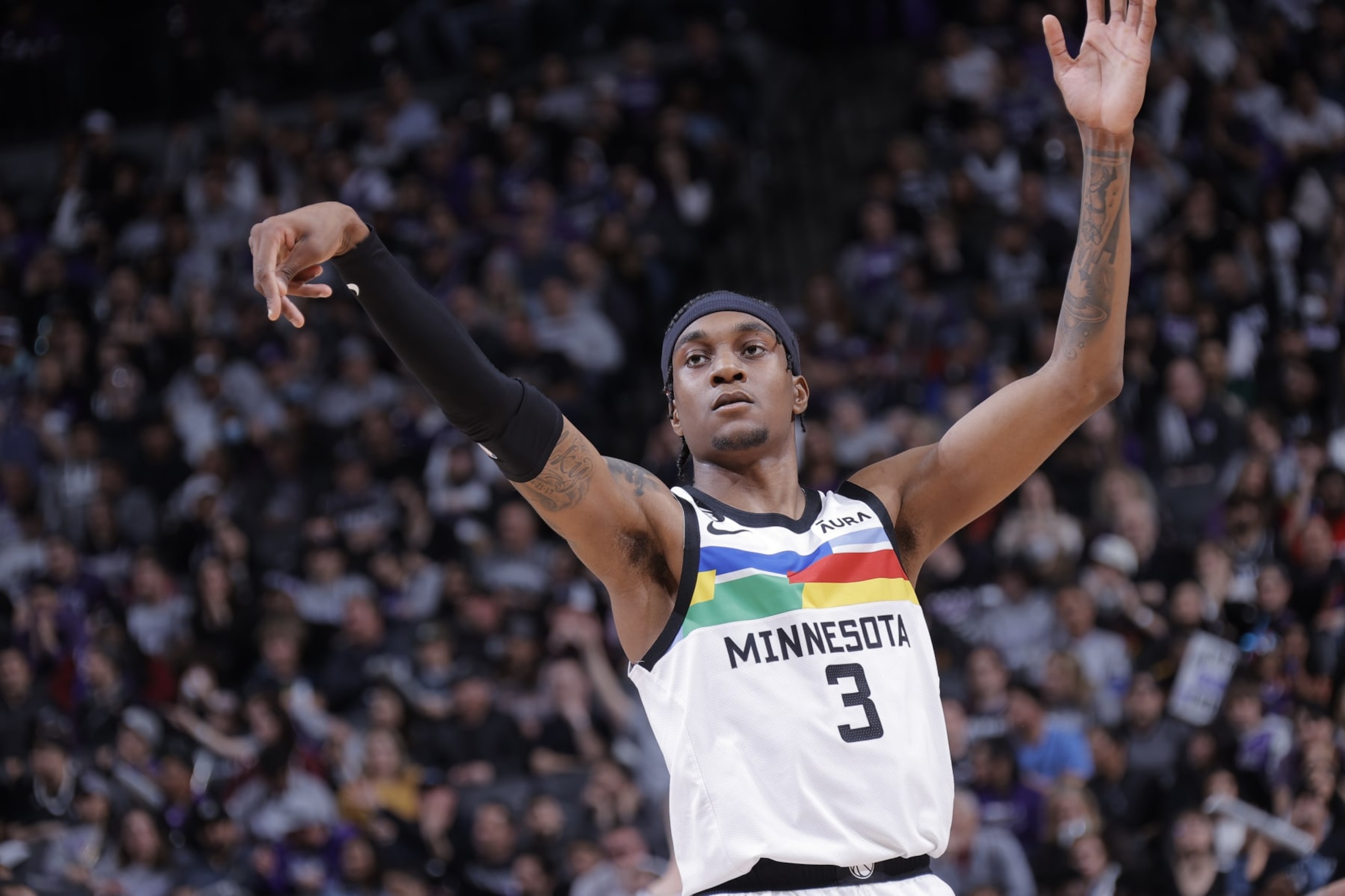 SACRAMENTO, CA - MARCH 27: Jaden McDaniels #3 of the Minnesota Timberwolves holds his follow through during the game against the Sacramento Kings on March 27, 2023 at Golden 1 Center in Sacramento, California. NOTE TO USER: User expressly acknowledges and agrees that, by downloading and or using this photograph, User is consenting to the terms and conditions of the Getty Images Agreement. Mandatory Copyright Notice: Copyright 2023 NBAE (Photo by Rocky Widner/NBAE via Getty Images)