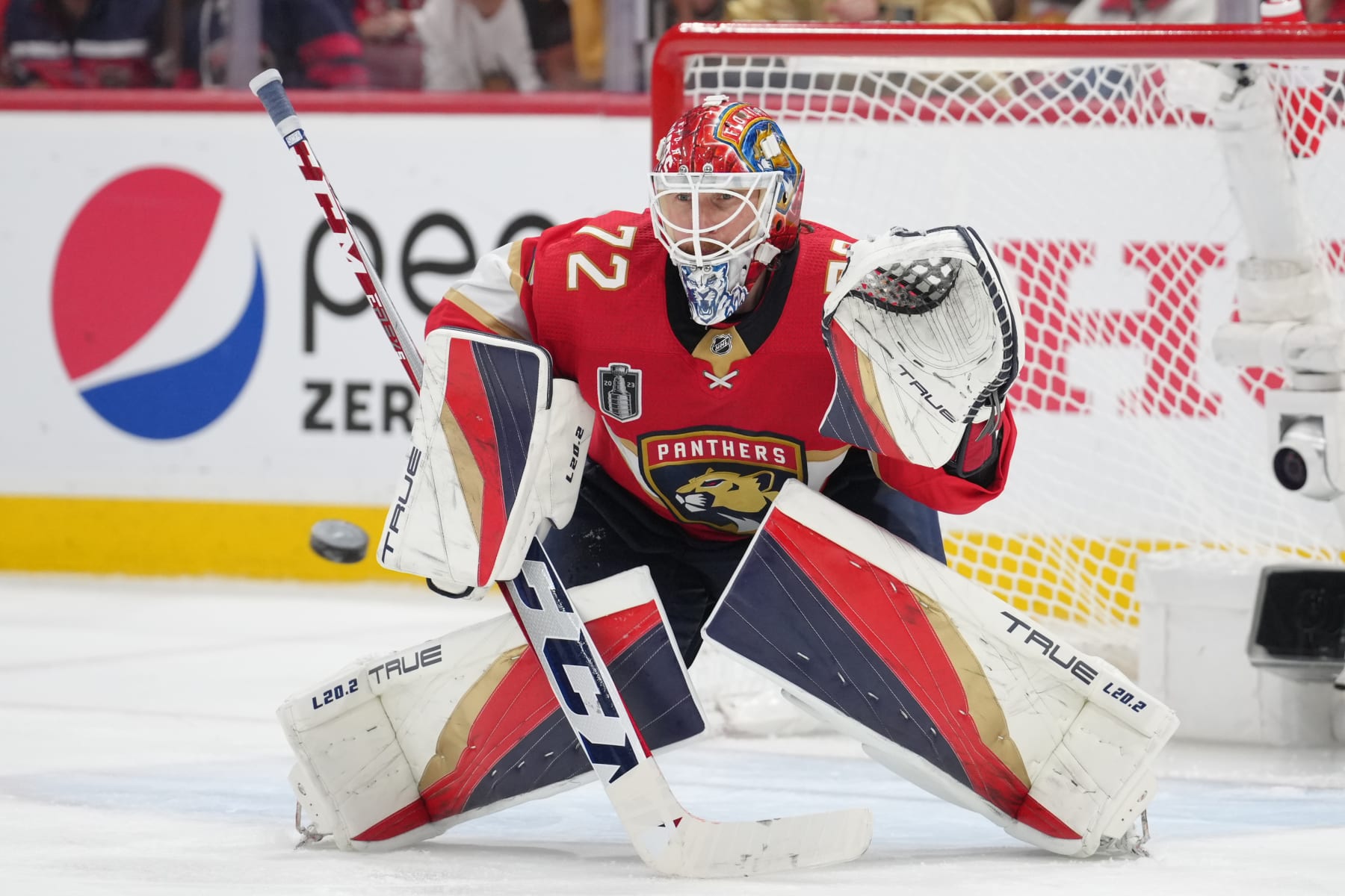SUNRISE, FL - JUNE 10:Florida Panthers goaltender Sergei Bobrovsky (72) eyes an incoming shot on goal in the third period  during game four of the Stanley Cup Finals between the Vegas Golden Knights and the Florida Panthers on Saturday, June 10, 2023 at FLA Live Arena, Sunrise, Fla. (Photo by Peter Joneleit/Icon Sportswire via Getty Images)