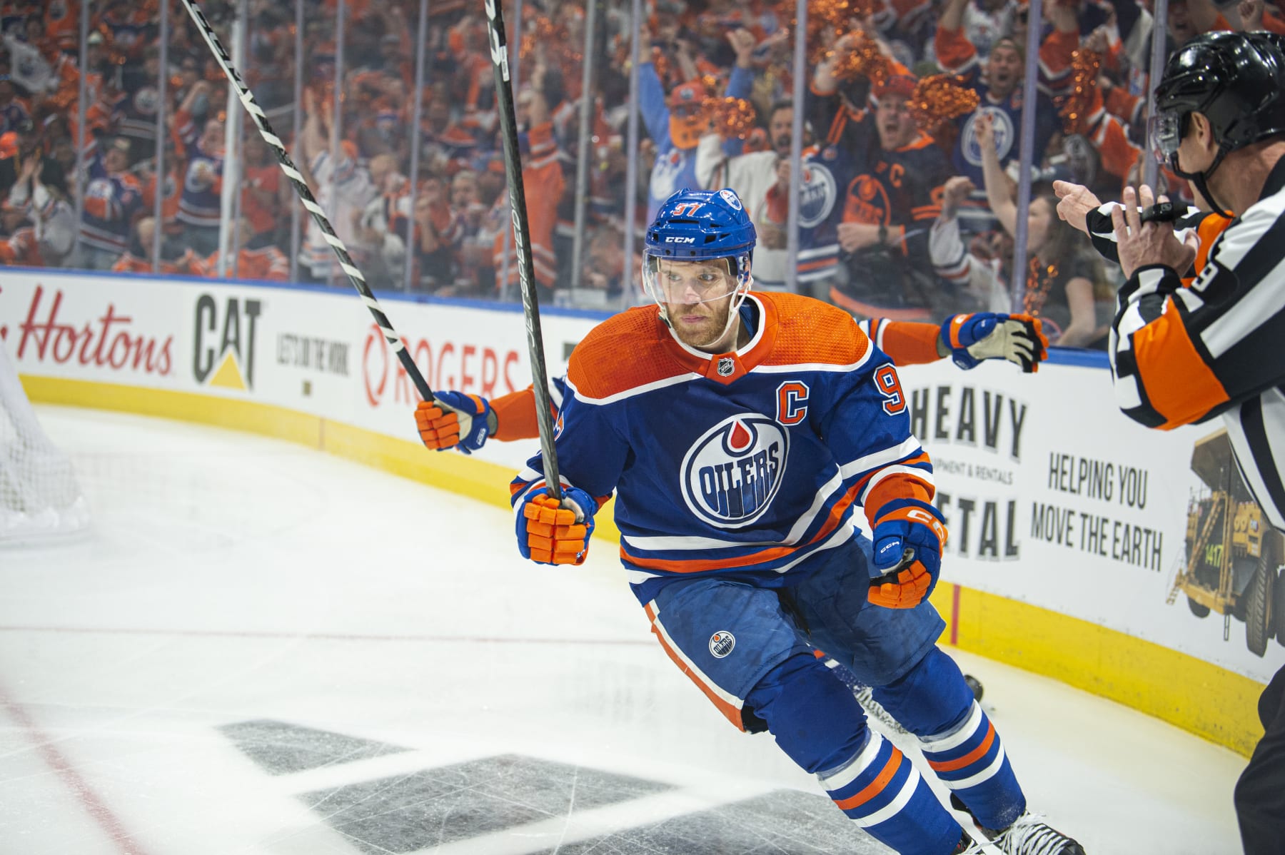 EDMONTON, ALBERTA - MAY 14: Connor McDavid #97 of the Edmonton Oilers celebrates his goal during the first period against the Vegas Golden Knights in Game Six of the Second Round of the 2023 Stanley Cup Playoffs at Rogers Place on May 14, 2023 in Edmonton, Alberta, Canada. (Photo by Paul Swanson/NHLI via Getty Images)
