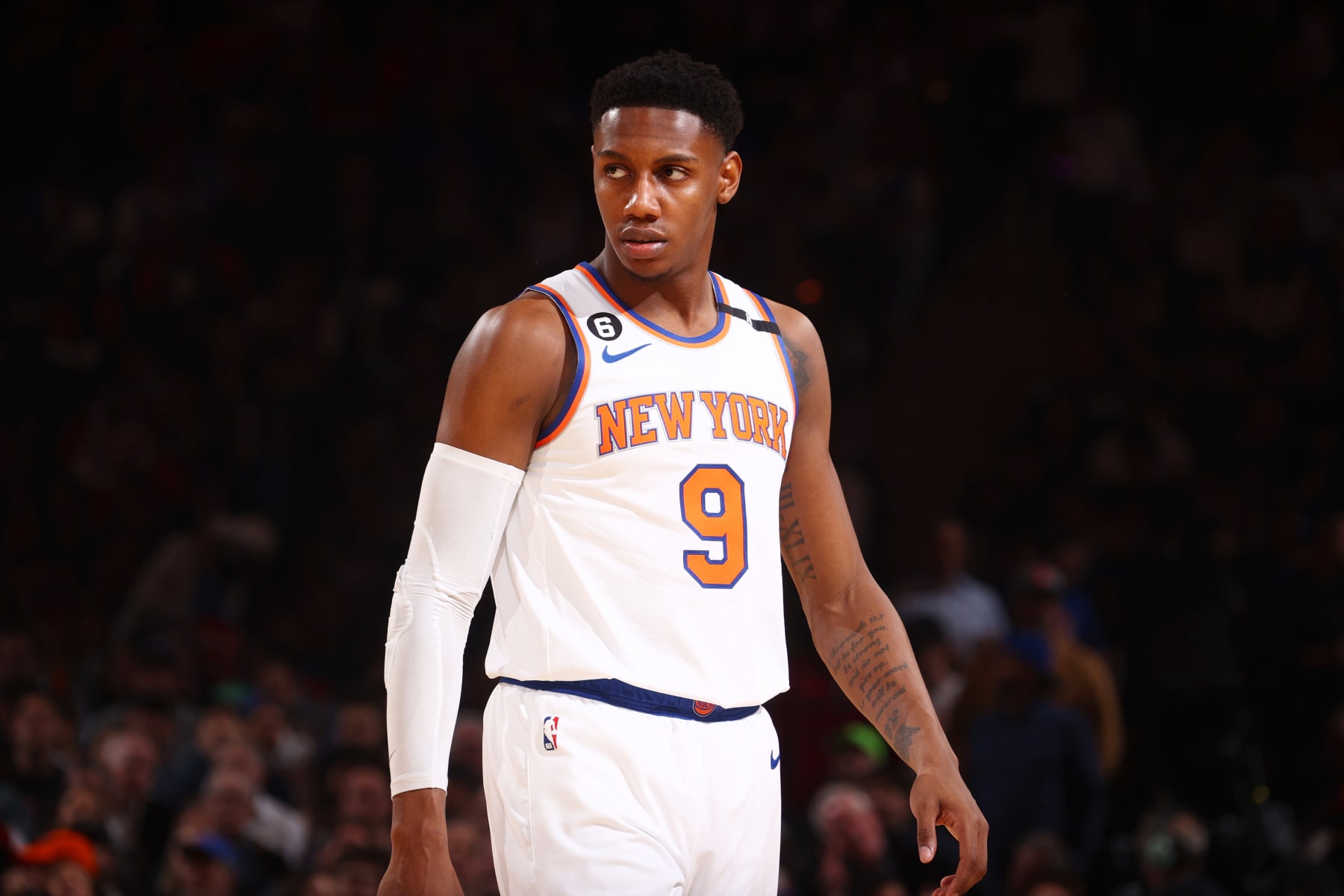 NEW YORK, NY - MAY 10: RJ Barrett #9 of the New York Knicks looks on during Round 2 Game 5 of the Semi-Finals 2023 NBA Playoffs against the Miami Heat on May 10, 2023 at Madison Square Garden in New York City, New York.  NOTE TO USER: User expressly acknowledges and agrees that, by downloading and or using this photograph, User is consenting to the terms and conditions of the Getty Images License Agreement. Mandatory Copyright Notice: Copyright 2023 NBAE  (Photo by Nathaniel S. Butler/NBAE via Getty Images)